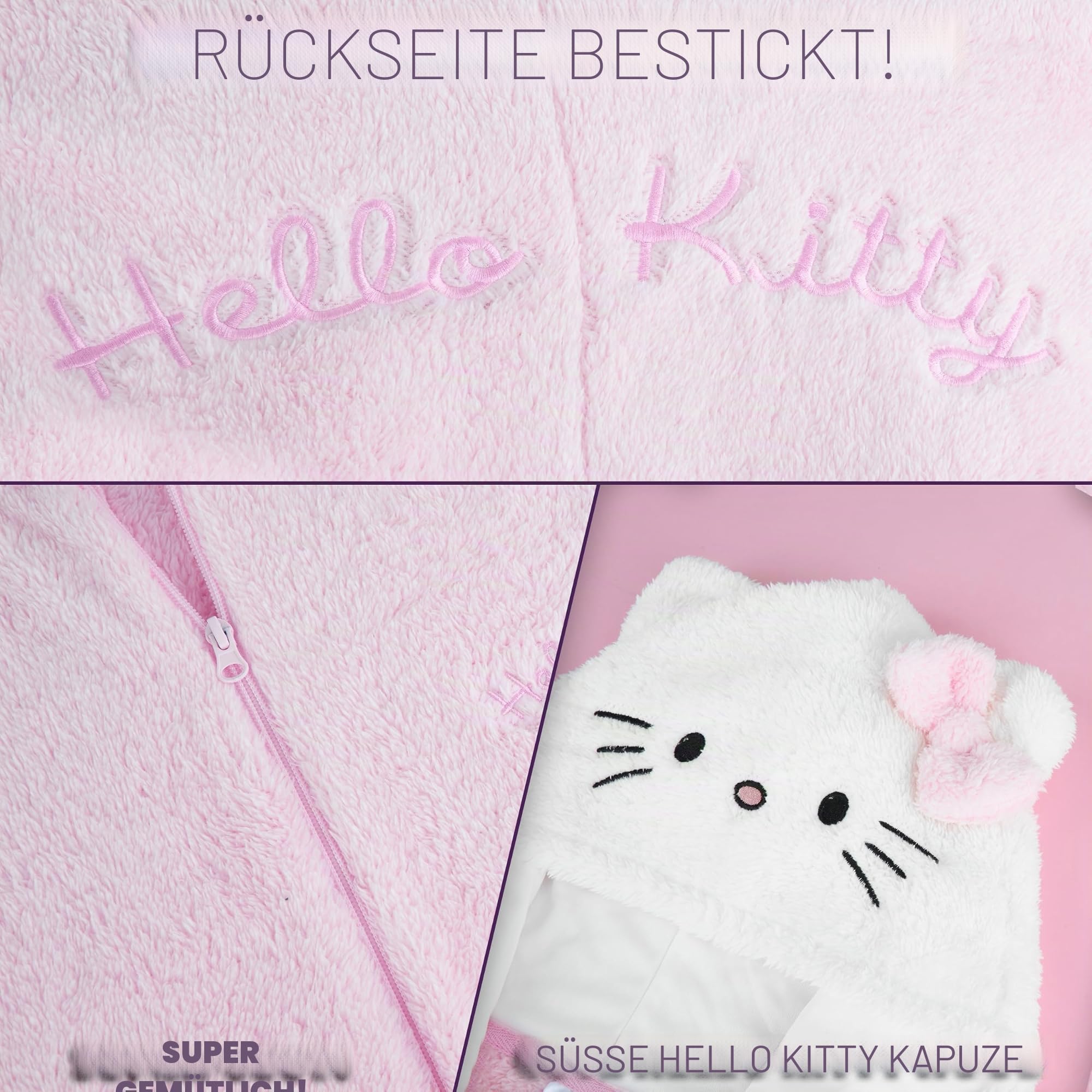 Hello Kitty Sanrio Schlafanzug Einteiler Damen Teens, Flauschiger Kapuzen Onesie Pyjama mit Taschen, Anime Geschenke für Sie