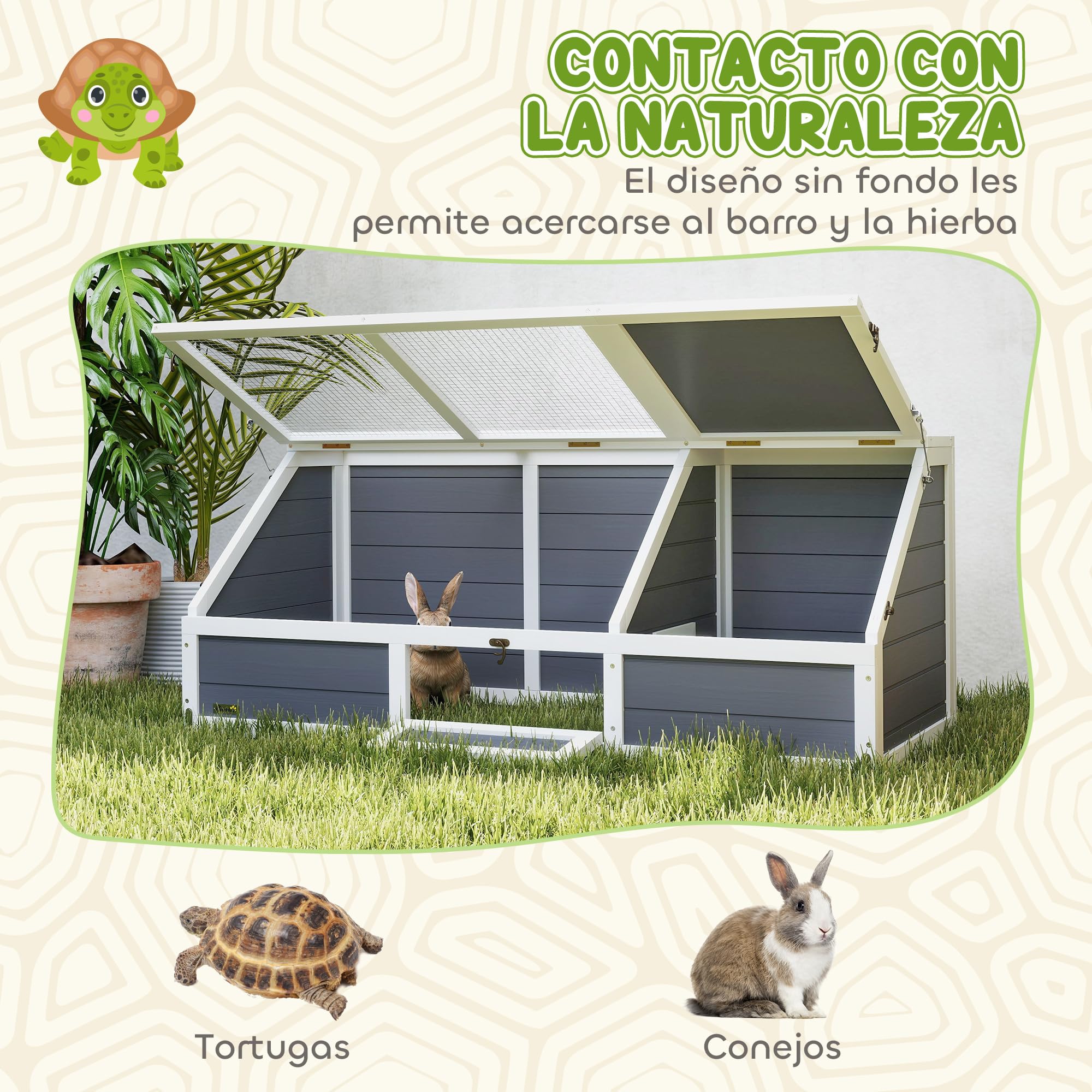 PawHut Casa para Tortugas de Madera, Terrario para Reptiles sin Base con Tapas Abatibles, Puerta Frontal Abrible y Pestillos de Seguridad, Caseta para Tortugas, 120x55x50 cm, Gris Claro