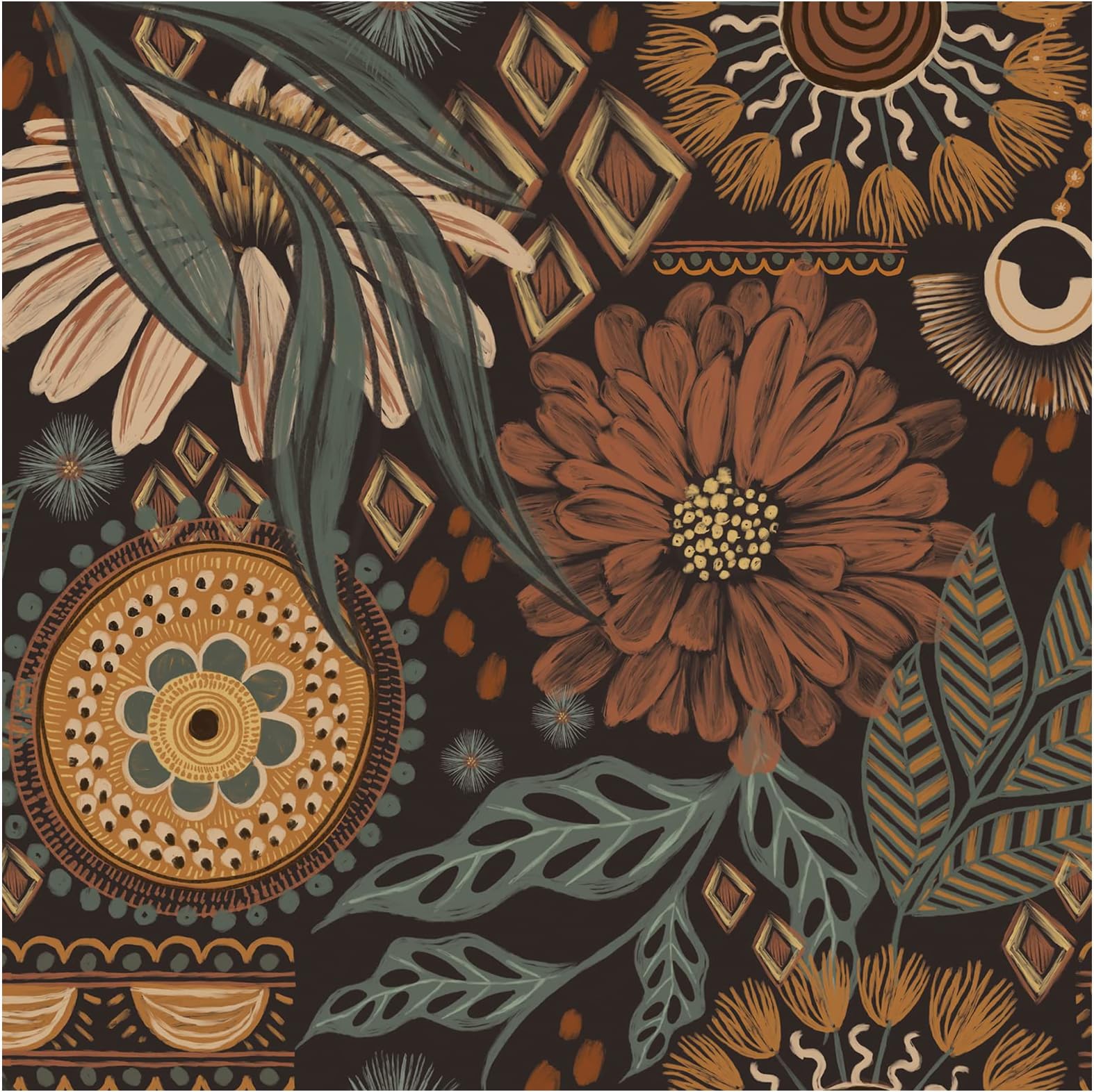 Wallpaper Peel and Stick Floral Boho Brown/PeachPuff/Green Retro Wall Decor Bathroom Removable Mural 17.3in x 9.8ft
