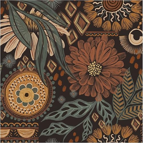 HAOKHOME 93291 - Papel pintado floral bohemio marrónmelocotónverde, decoración de pared retro para baño, mural extraíble de 17.7 x 9.8 pies
