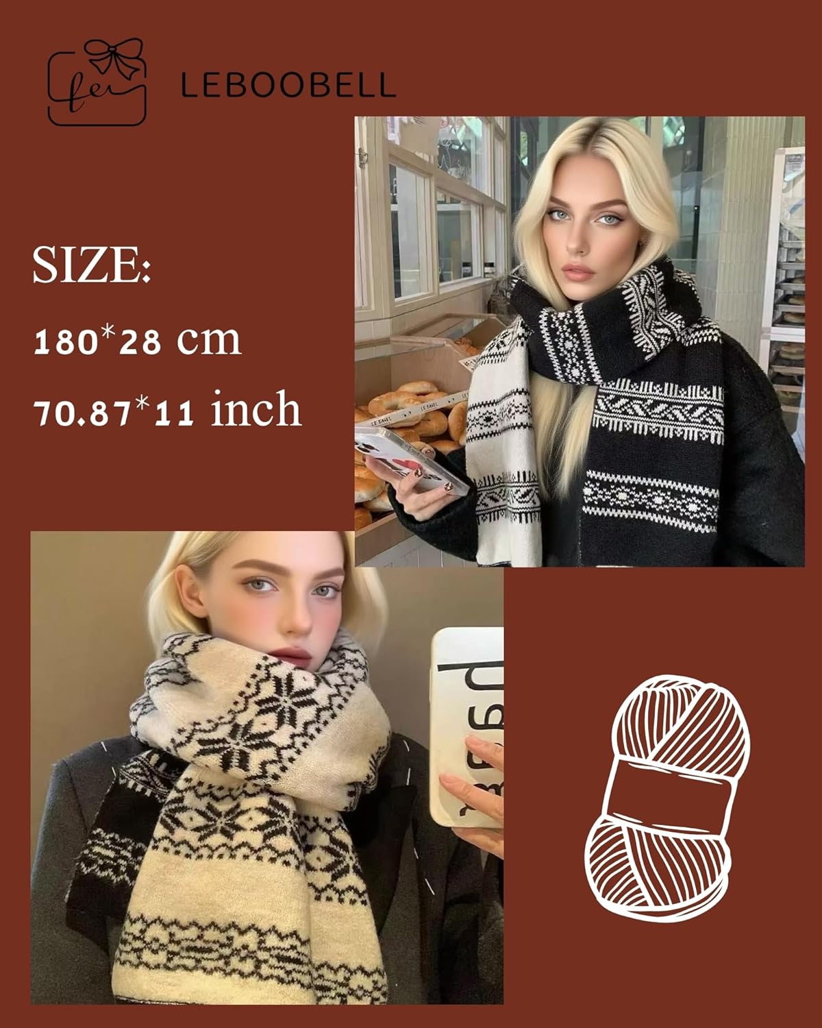 Women's Fair Isle Scarf Lady Soft Vintage Knit Muffler Christmas Fall Winter - Image 2
