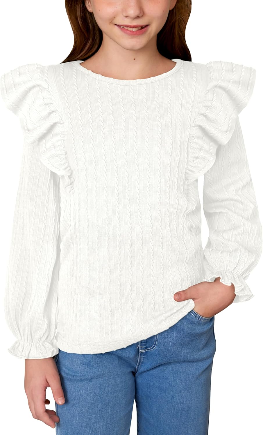 Girls Long Sleeve Ribbed Shirt Fall Flutter Sleeve Tops Trendy Casual Knit Blouses 6-14 Years