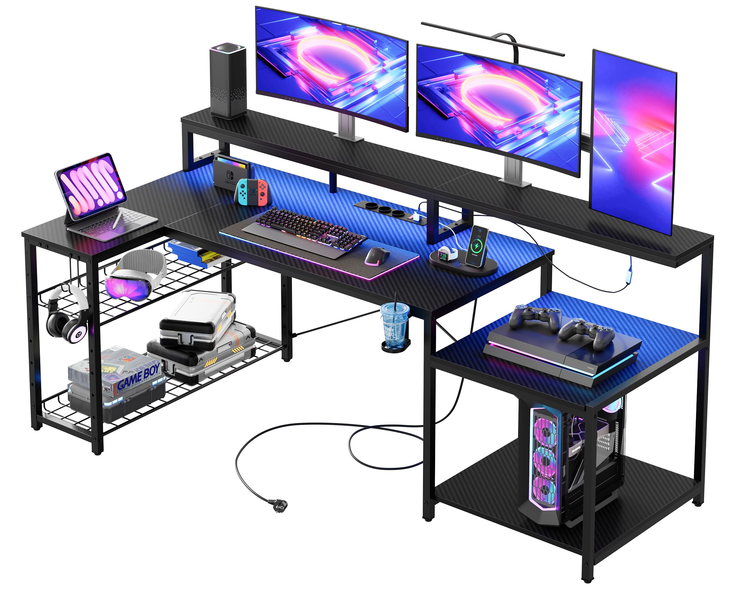 Bestier Tavolo da gioco 181 cm, scrivania da gioco con luci a LED, tavolo da gioco per PC con 3 prese CA e 2 porte di ricarica USB, tavolo per computer con ampio ripiano per monitor