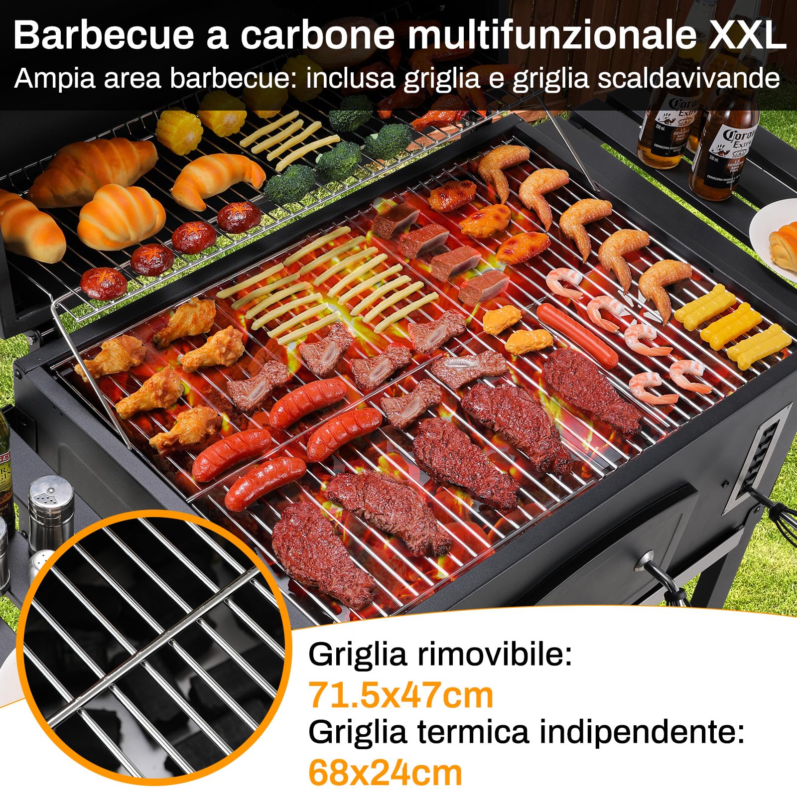 LIFERUN Barbecue a Carbonella XXL, Griglia per Barbecue con Camino e Coperchio, con Termometro e 2PCS Ruotes, Altezza Regolabile, Grande BBQ Smoker per Giardino, Campeggio
