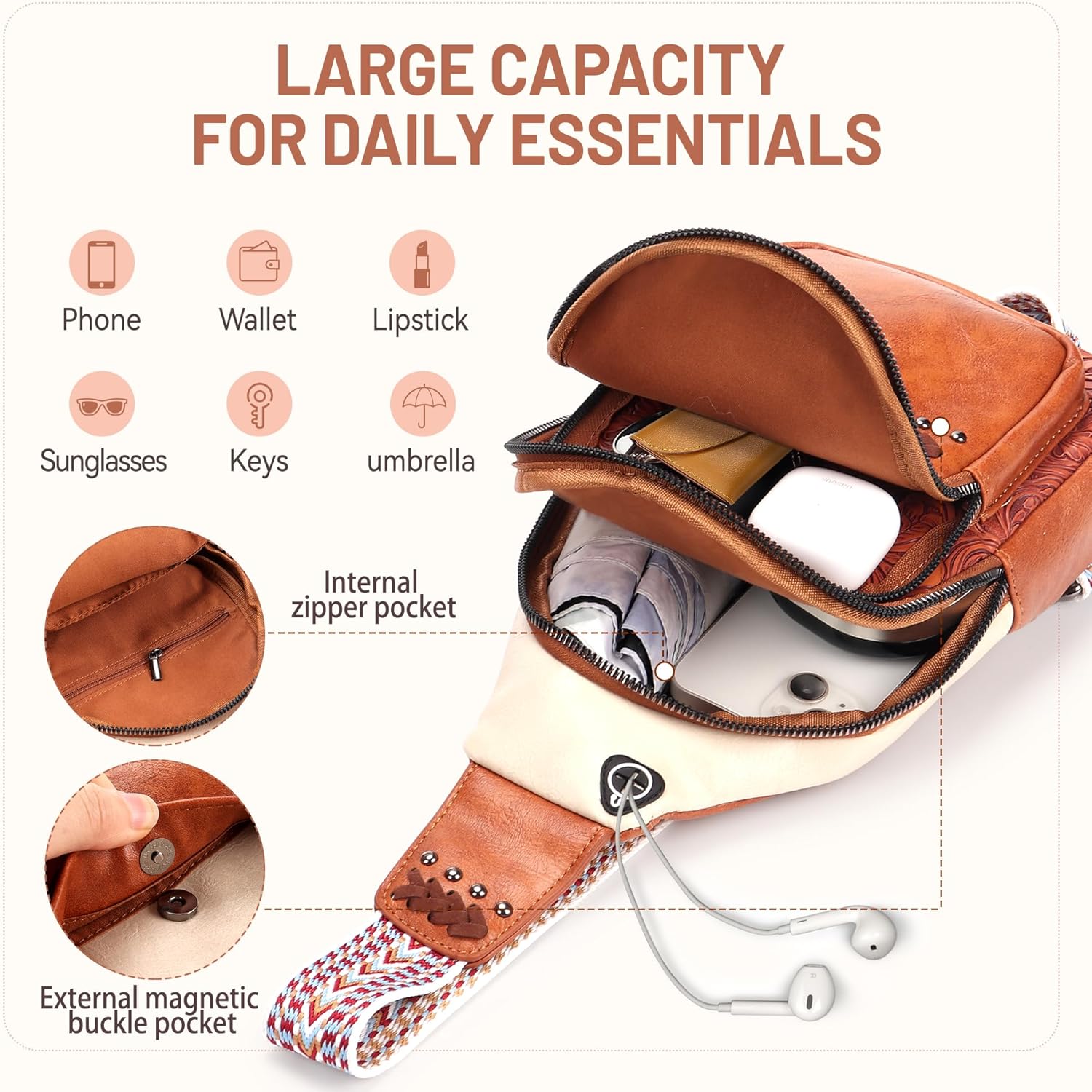 Sling Bag Crossbody Bags for Women Trendy Leather Fanny Packs Chest Bag Sling Crossbody Backpack for Travel (Brown with White) - Image 3