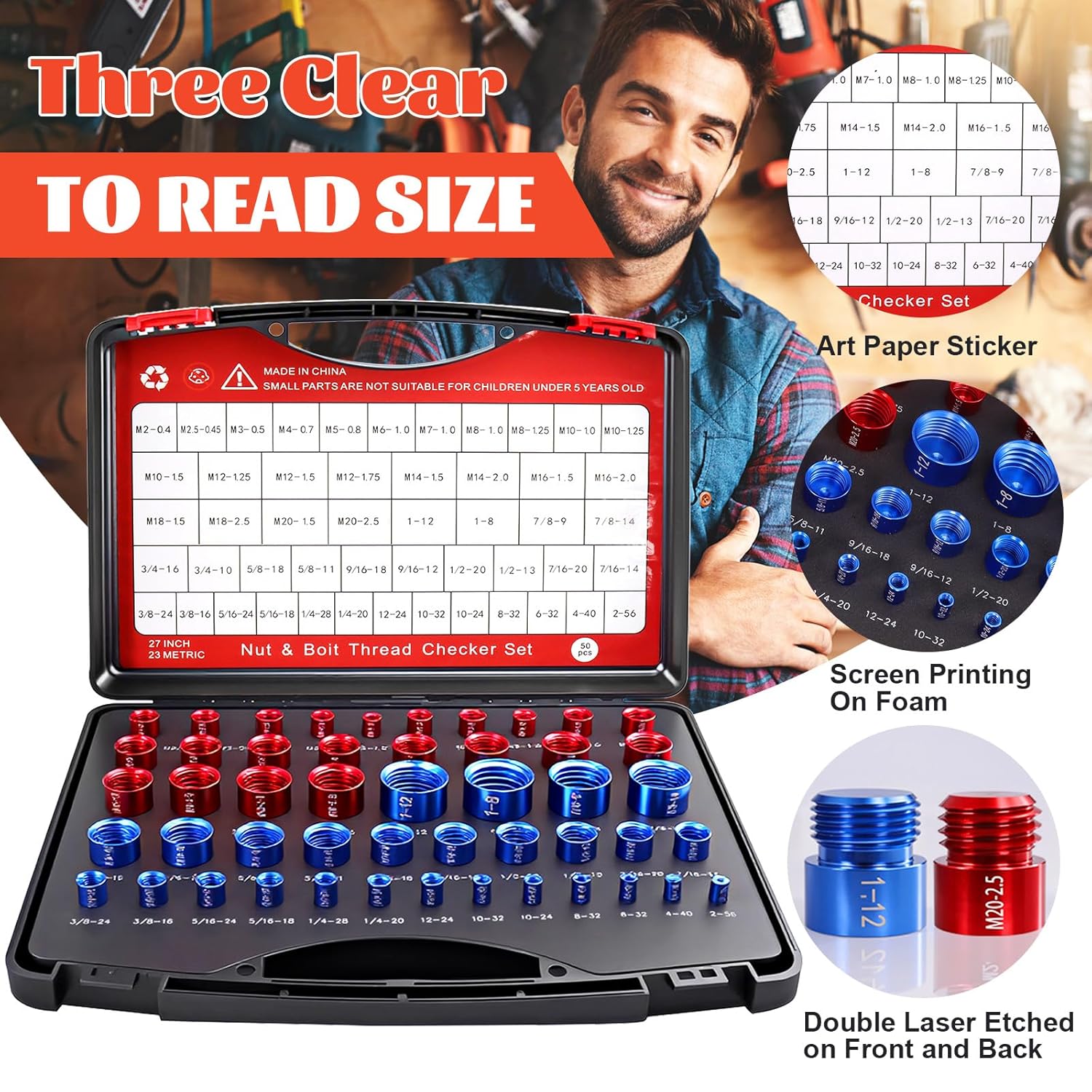 50 Pcs Standard and Metric Nut Bolt Thread Checker Kit,Inch Size Gauges Finder Tool,Detachable Screw Identifier Thread Especially for Tread Fasteners Measuring