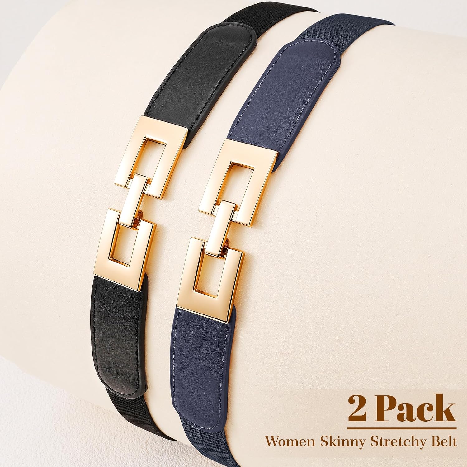 XZQTIVE 2 Pack Women Thin Elastic Belts for Dress,Trendy Skinny Stretchy Belt for Women,Waist Belt with Golden Buckle image 4