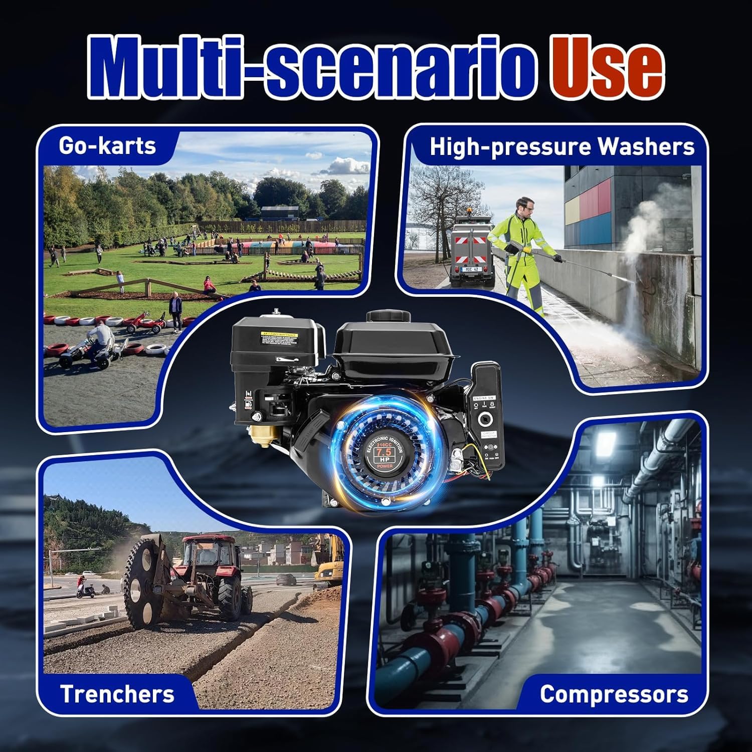 Motore a benzina, 7,5 CV, 210 cc, 4 tempi, OHV, con avviamento elettrico, 3600 giri/min, per Go Kart, compressore, generatore, nero