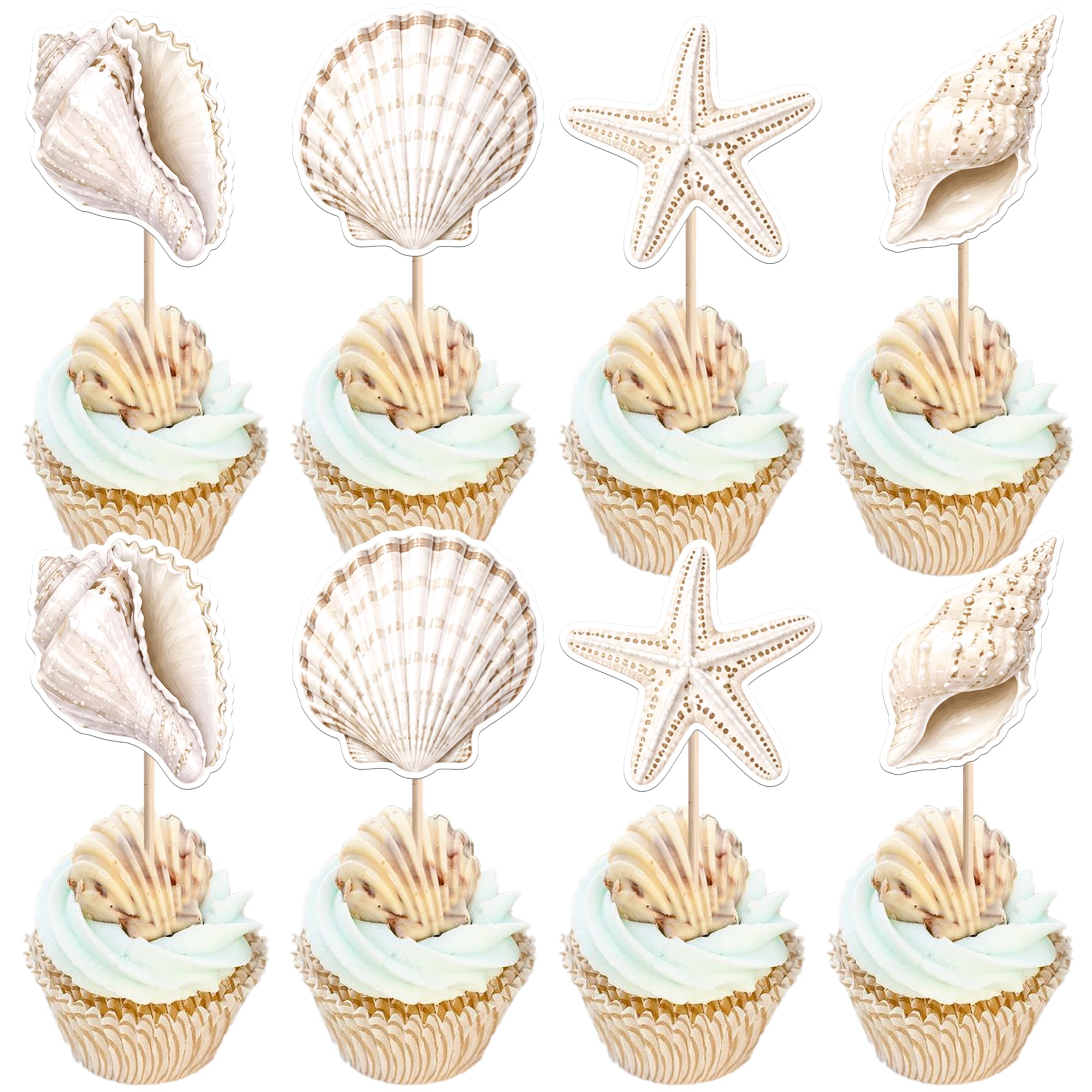 Xsstarmi 40 Pack White Shells Cupcake Toppers Shell Conch Starfish Cupcake Picks for Summer Beach Theme Baby Shower Wedding Birthday Party Cake Decorations Supplies