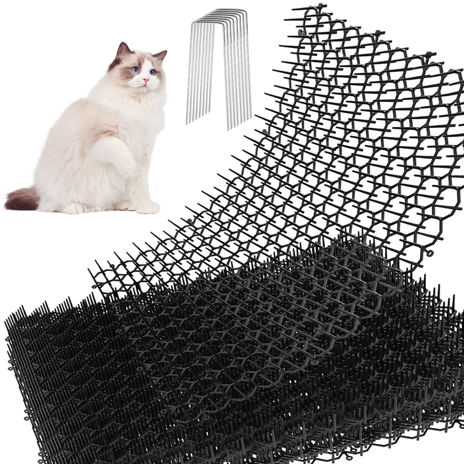 QINERSAW 16 Tappetini Anti Gatto Con Punte – Dissuasore Per Giardino E Mobili, 40x20 Cm, Nero, Con Picchetti E Fascette