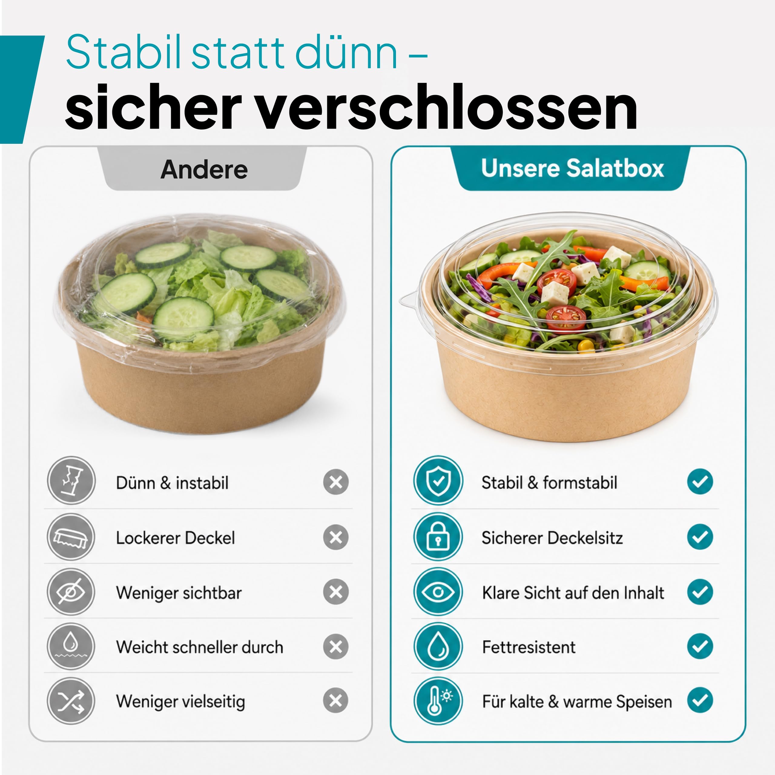 Commerline Salatschale 1300 ml, 150 Stück, Salad Bowl mit Deckel, Braun