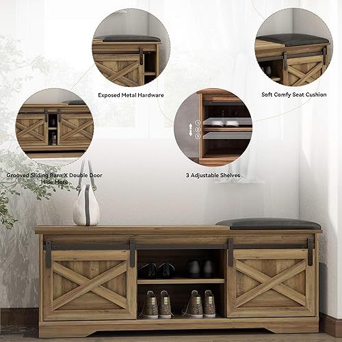 Miniatura 5 de Banco de zapatos de entrada con almacenamiento, banco de zapatos marrón con puerta corrediza de granero, bancos de granja con cojín, bancos de