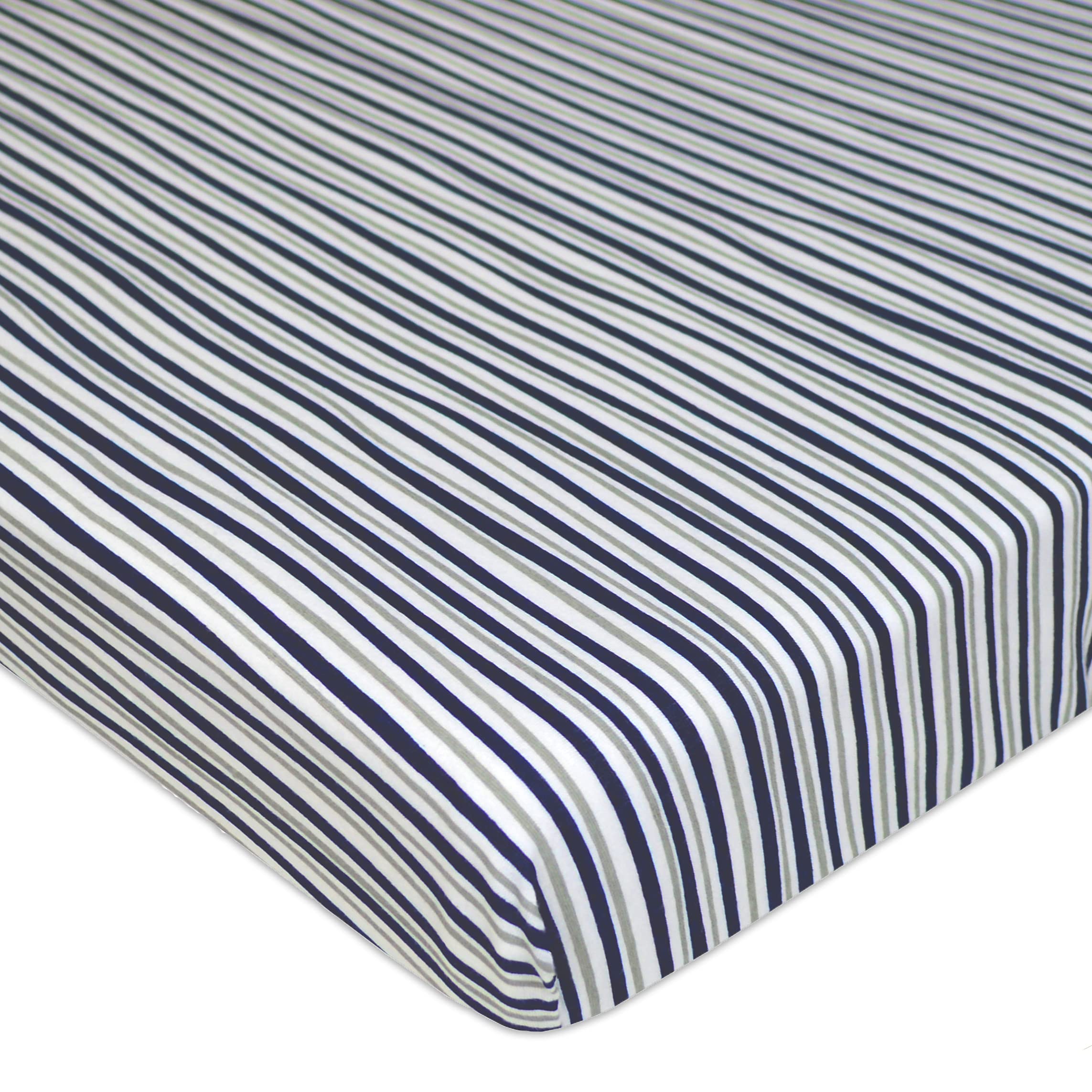 TL Care Cotton Fitted Pack and Play Sheet 39x27, Navy/Grey Funny Stripe