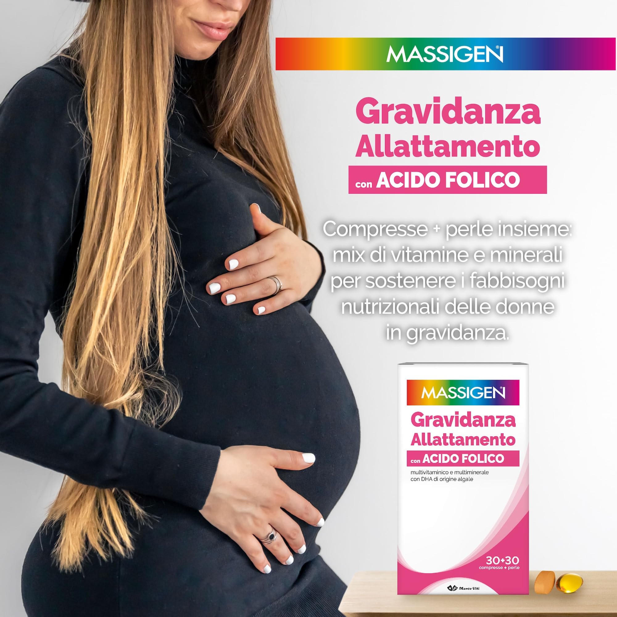 Massigen DailyVit+ - Multivitaminico, Gravidanza e Allattamento, Senza Glutine, In grado di Favorire lo Sviluppo fisiologico Cerebrale e degli Occhi del Feto, 30 Compresse da 11 g + 30 Perle da 700 mg