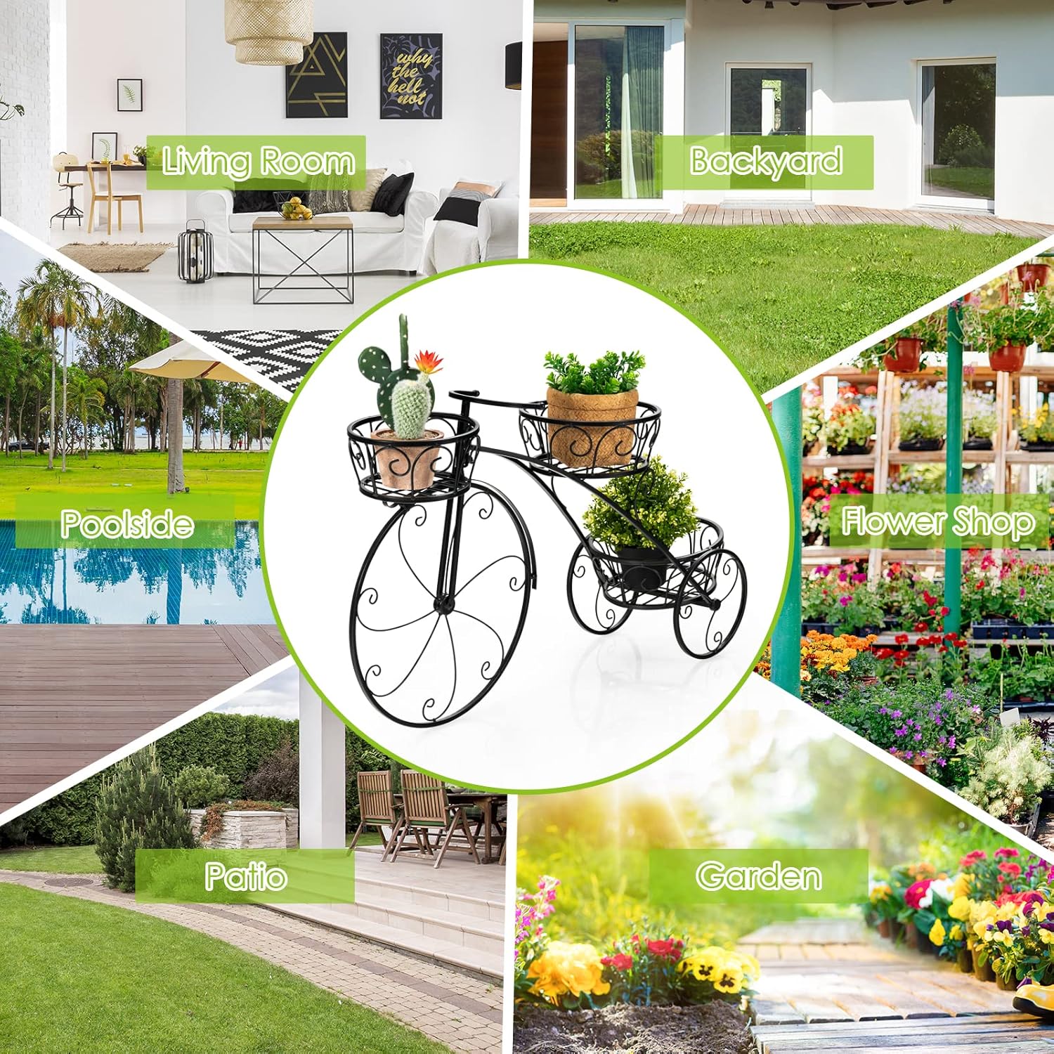 Bicycle Planter, Flower Pot Stand with 3 Decorative Wheels, 3 Collection Baskets, Metal Steel Frame, Tricycle Plant Stand for Outdoor, Indoor, Home, Balcony, Patio, Garden, Backyard