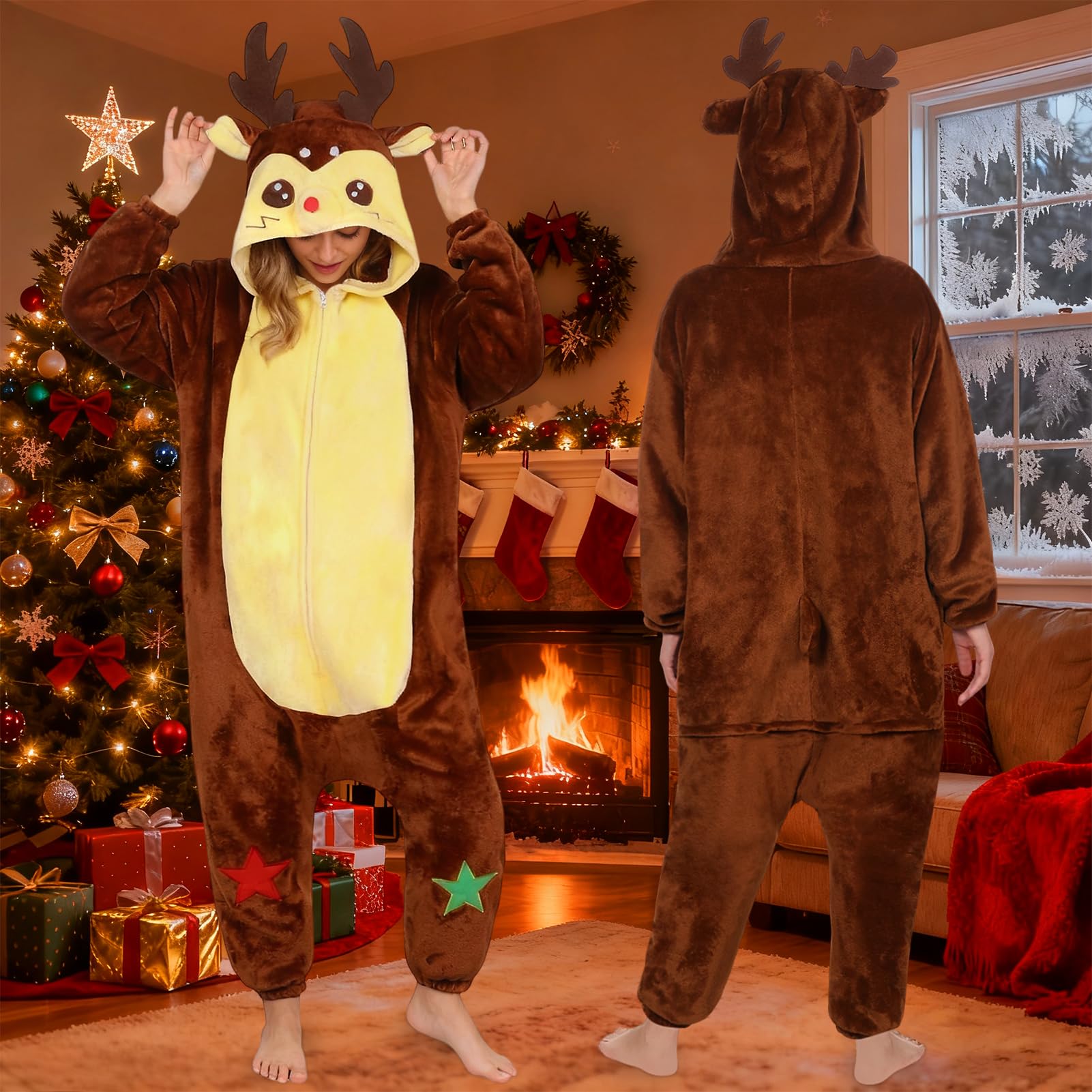 Crittygo Reindeer Costume Womens, Reindeer Onesie Pajamas Reindeers Brown Hooded Jumpsuit, All-In-One Xmas Outfit Christmas Fancy Dress - Image 3