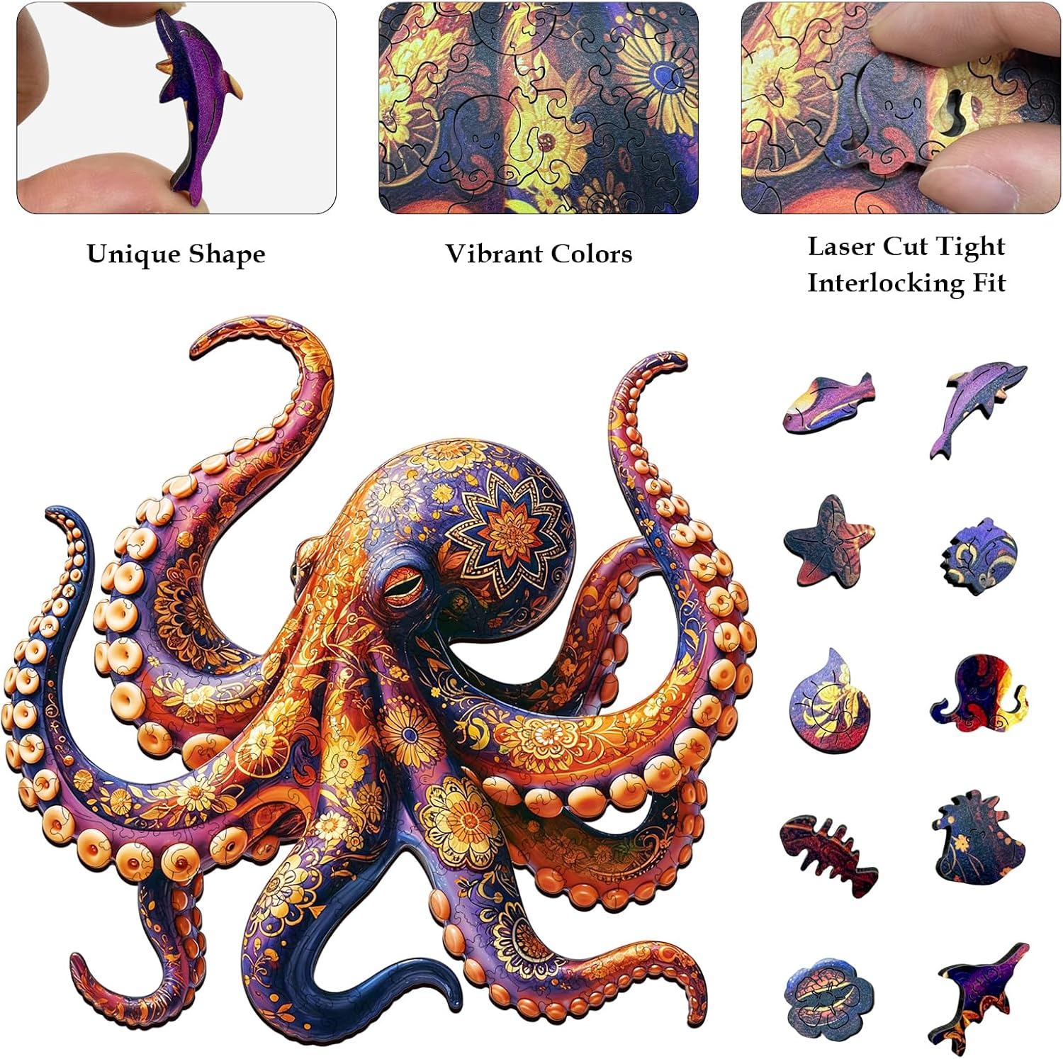 Wooden Puzzles for Adults, Octopus Jigsaw Puzzles for Adults, 5MM Unique Animal Shaped Wood Cut Puzzles 200 Piece, Fun Challenging Octopus Puzzles Gift for Kids Family Game Night Home Decor 10.5*11in image 2