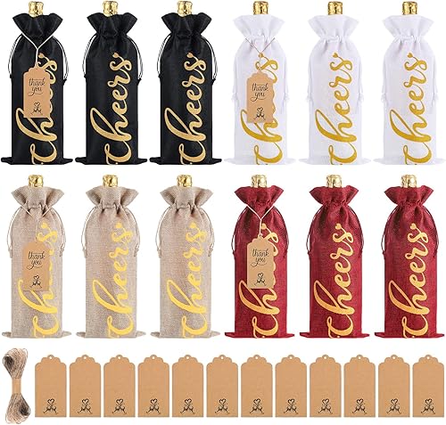 Paquete de 12 bolsas de arpillera de Navidad de lino para vino, bolsas de envoltura de vino con cordón para botellas de vino, cubierta para Navidad,