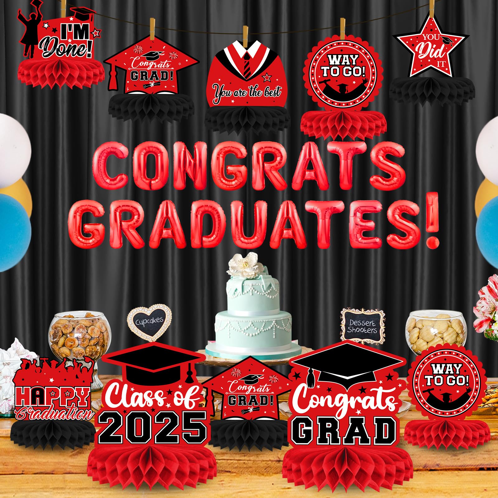 PERFQU 8 Pieces Class of 2025 Graduation Table Decorations - 2025 Congrats Grad Honeycomb Centerpieces, Red Black Graduation Table Toppers Decor for 2025 Graduation Party Decorations Favor Supplies