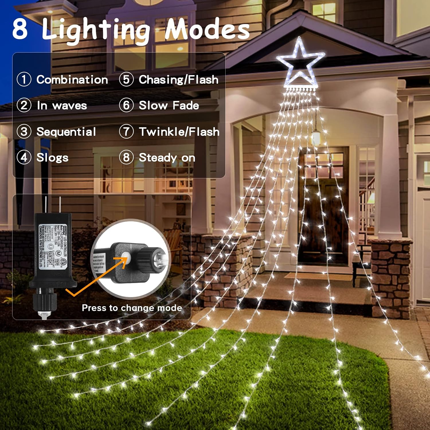 BlcTec Outdoor Christmas Lights, 317 LED Christmas Star String Lights with 9 Strands 11.9ft Waterfall Tree Lights, 8 Modes, Waterproof, Topper Star & Timer for Garden Yard Patio Xmas Décor, Cool White