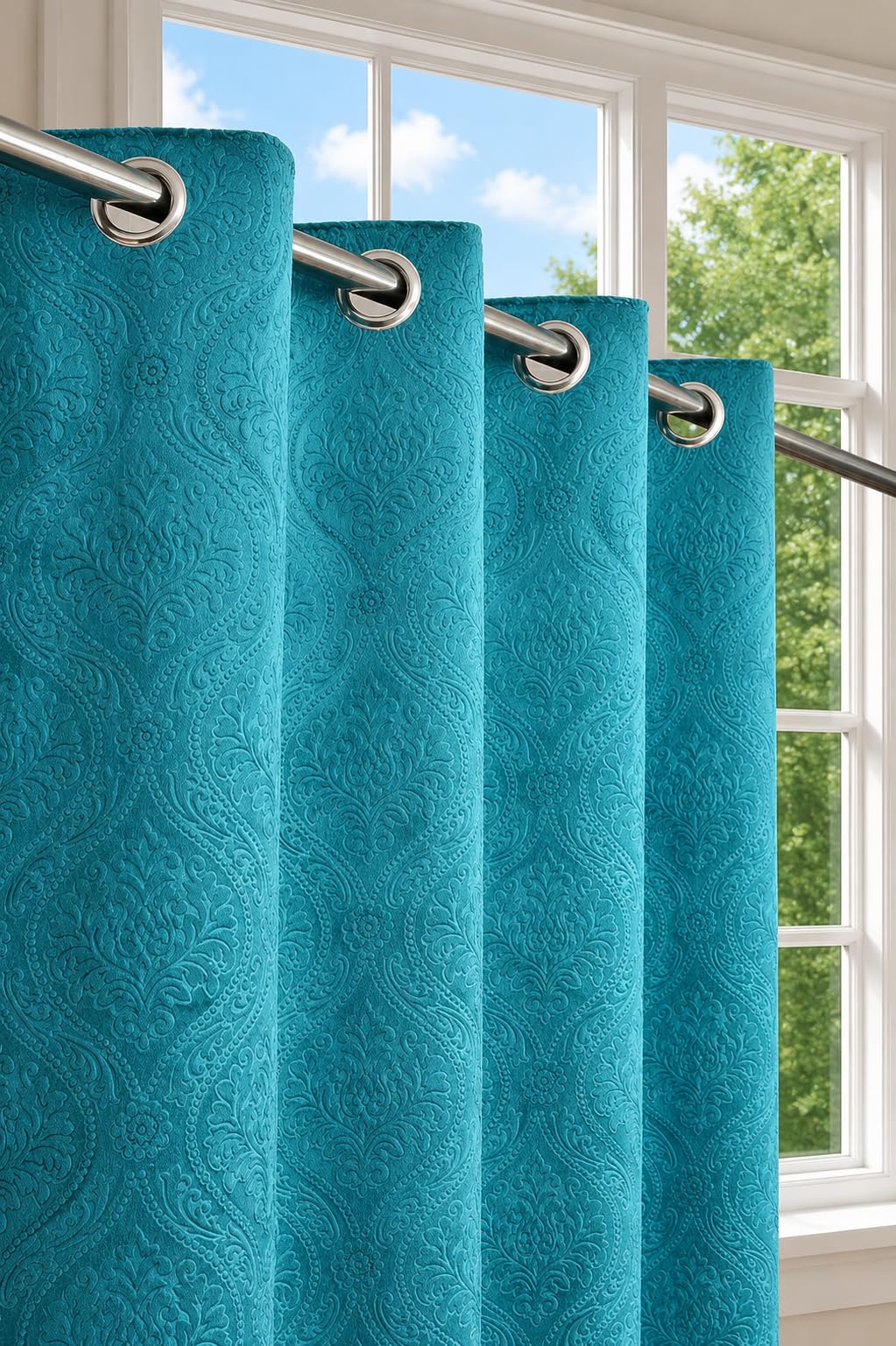 Velvet Embossed Curtains - 7 Feet Long, Cream -8 Velvet Embossed Curtains - 7 Feet Long, Cream -8