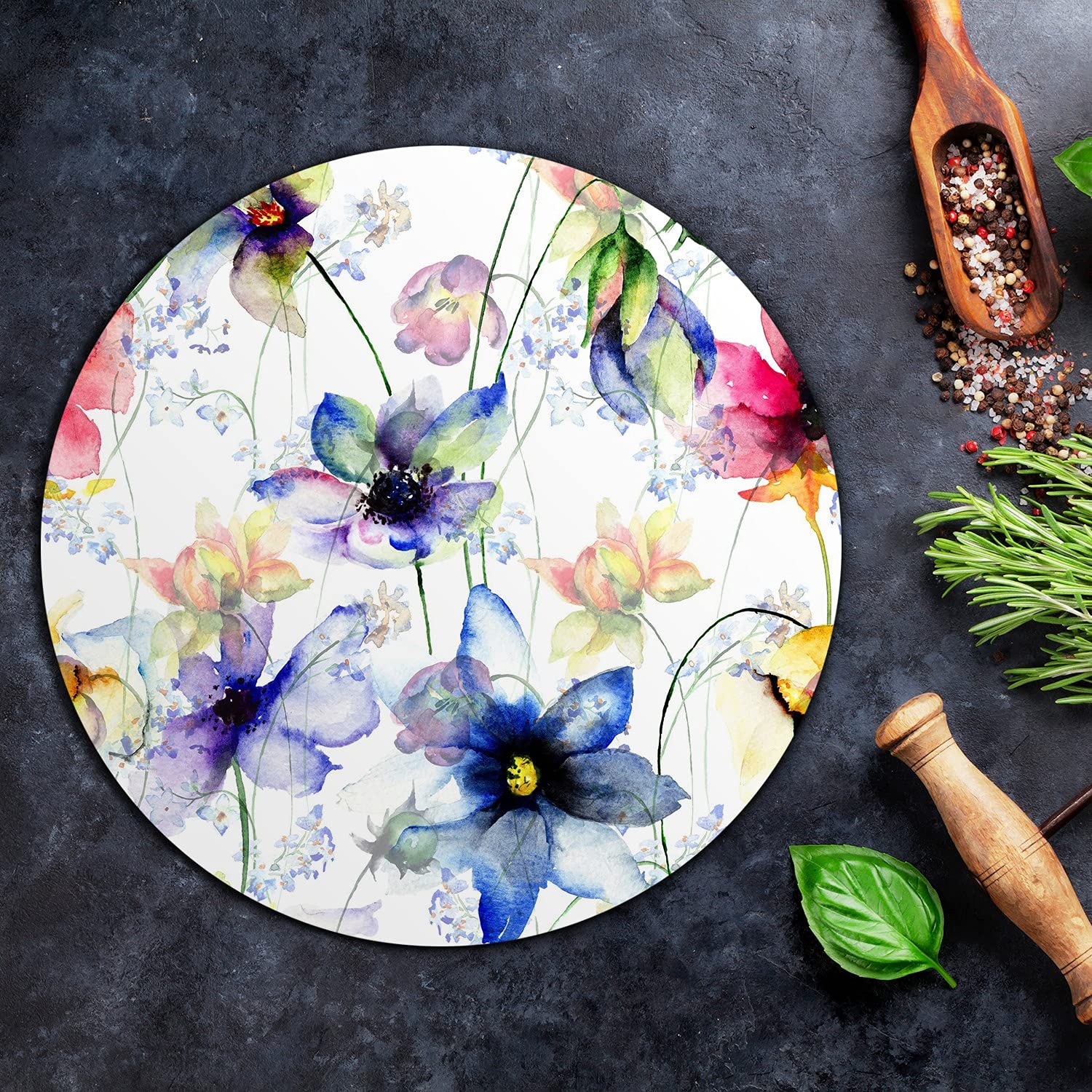 Coloray Glas Schneidebrett 40cm Herdabdeckplatte Servieren von Speisen Spritzschutz Glasabdeckplatte Gehärtetes Glas Induktionsherdabdeckung - Utensilien-Sommerblumen blau.