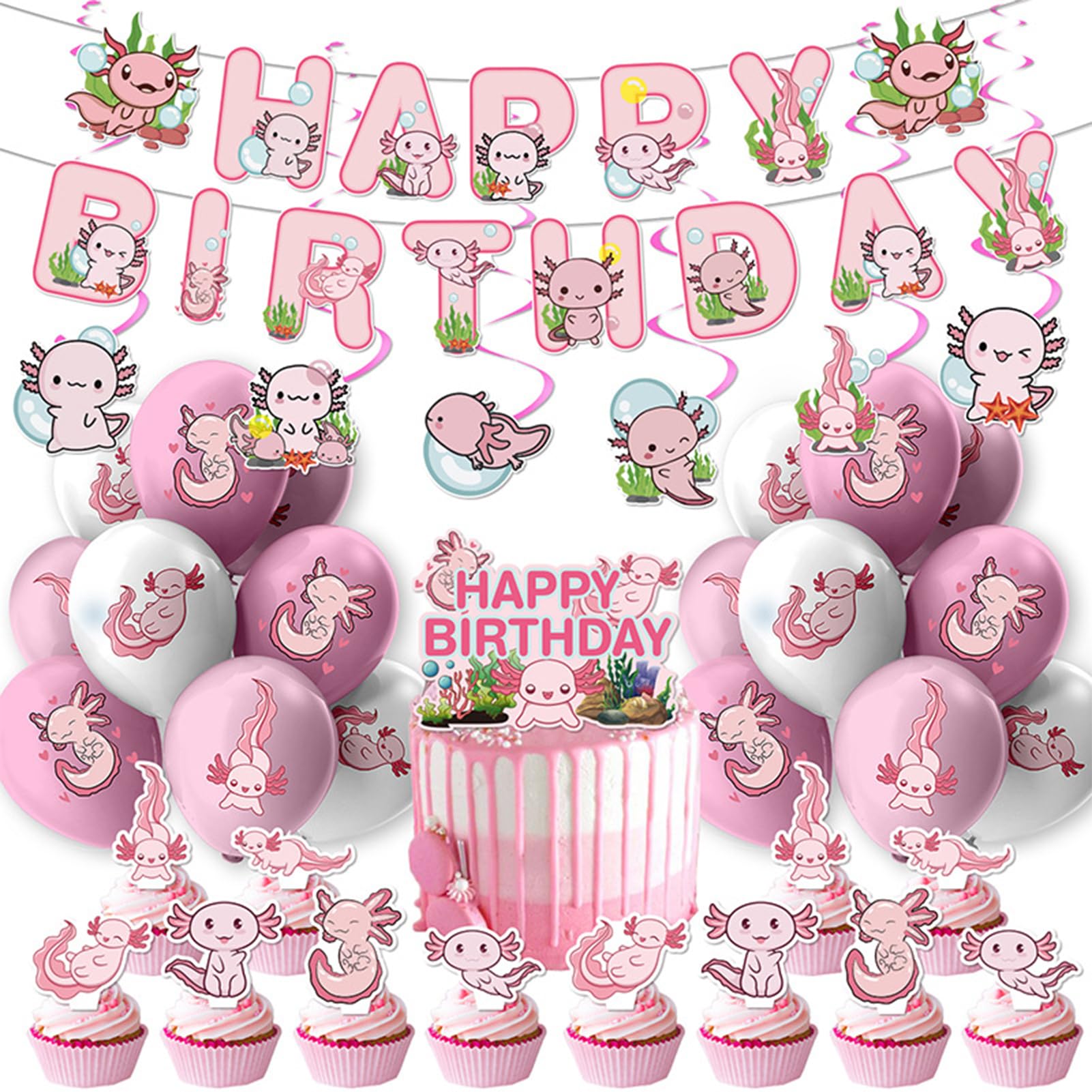 38 Pcs Pink Axolotl Birthday Party Supplies Including Axolotl Happy Birthday Banner Cake Toppers Cupcake Toppers Balloons Hanging Swirls for Baby