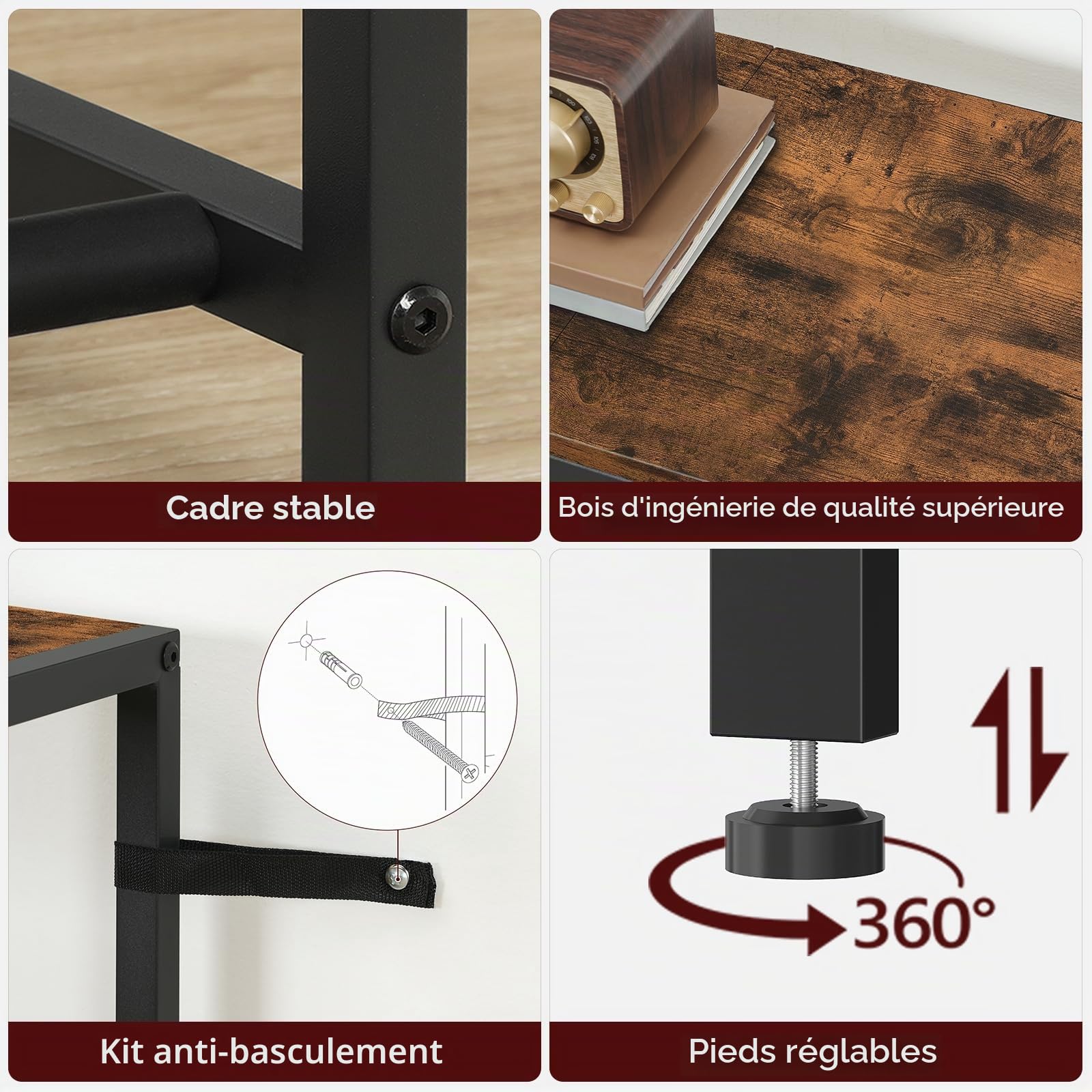 MAHANCRIS Support de Guitare, Stand pour 7 guitares acoustiques, basses, électriques, Présentoir avec rangement, enveloppé de mousse, pour studio de musique, Marron Rustique et Noir AGSHR9701N1