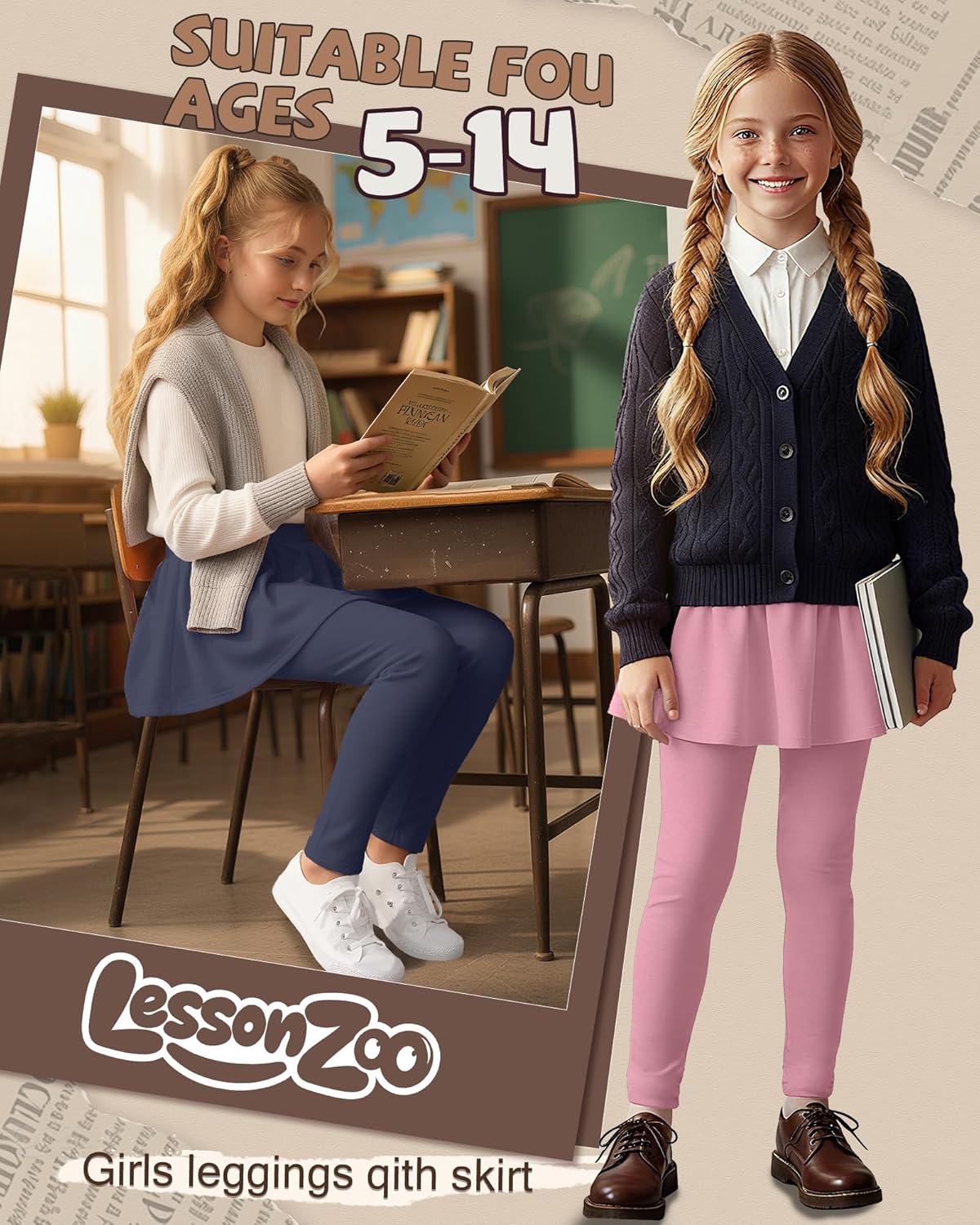 3 Pack Girls Fleece School Uniform Pants Leggings with Ruffle Skirt Kids Thermal Footless Stretch Pants 5-14 Years