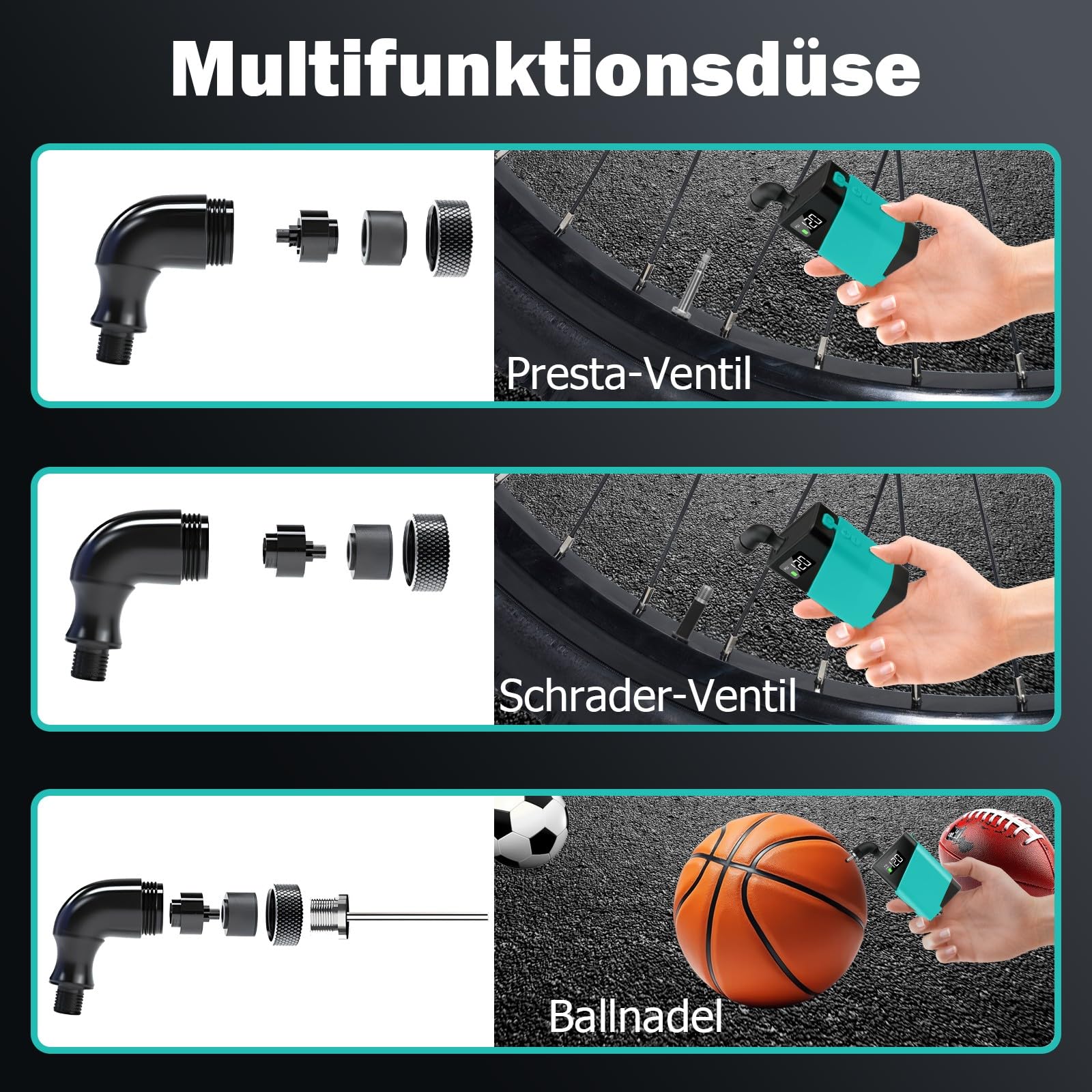Mini Fahrradpumpe Elektrisch, tragbare Fahrradluftpumpe mit Presta- und Schrader-Ventil, geeignet für Rennrad, Motorrad, Mountainbike, Auto, Sportball