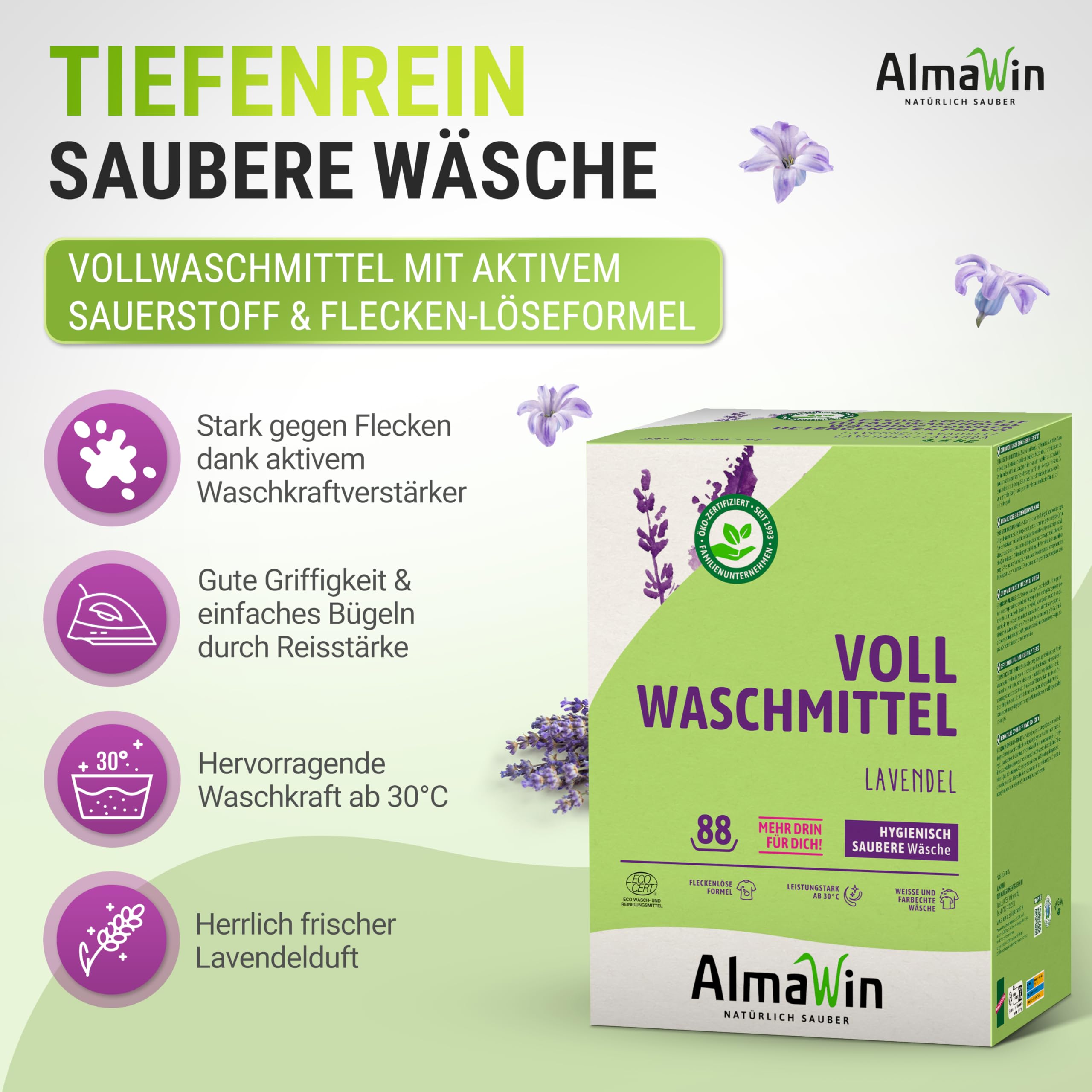 AlmaWin® Vollwaschmittel Pulver [4,6kg - 88 Ladungen] mit Lavendel-Duft für strahlende Reinheit - Waschmittel Pulver für alle weißen & farbechten Textilien [30-95°C] - Veganes Voll-Waschpulver