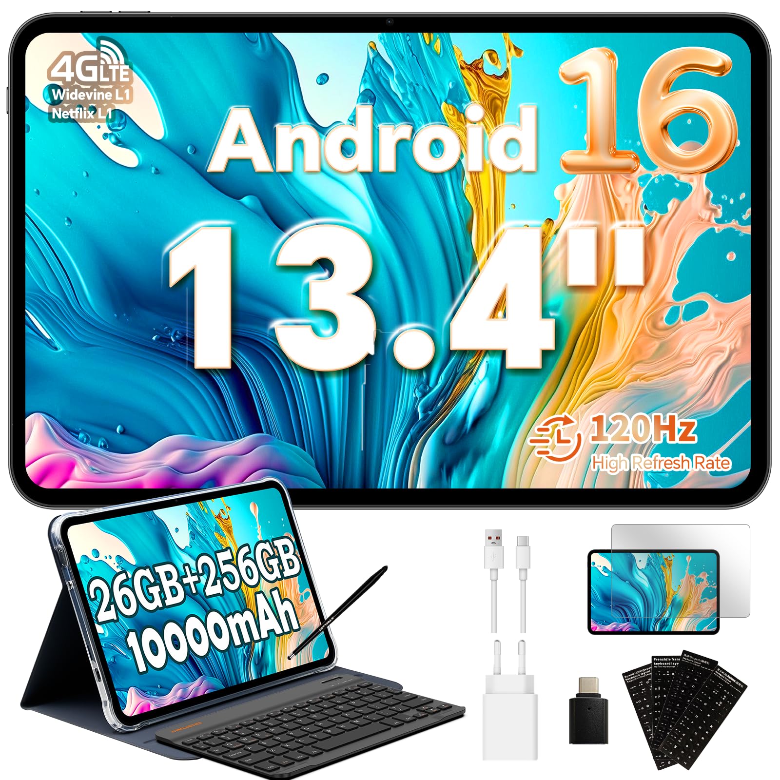 TECLAST T65 Tablet 13.4 Pollici 120Hz Display Tablet Android 16, Doppio SIM 4G LTE+5G WiFi, 2.2GHz Octa-Core, 26GB RAM+256GB ROM(TF 4TB) Widevine L1 1080P/13MP/BT5/GPS/OTG, con Tastiera+Custodia+Penna