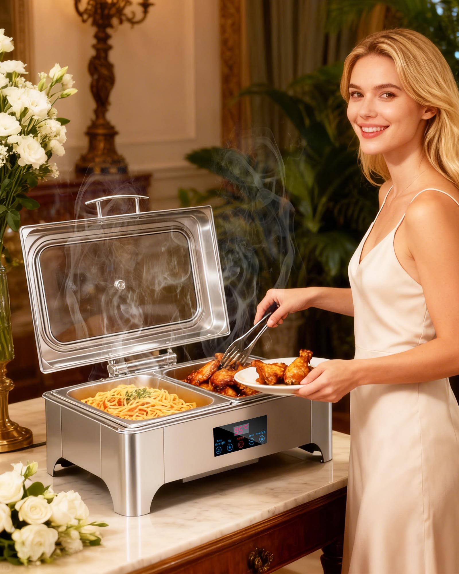 Chafing Dish Buffet Electric, Chauffe Assiette électrique 9L, Chauffage Buffet avec contrôle d'écran Tactile et Couverture de confidentialité en Verre, réchauffeur en Acier Inoxydable