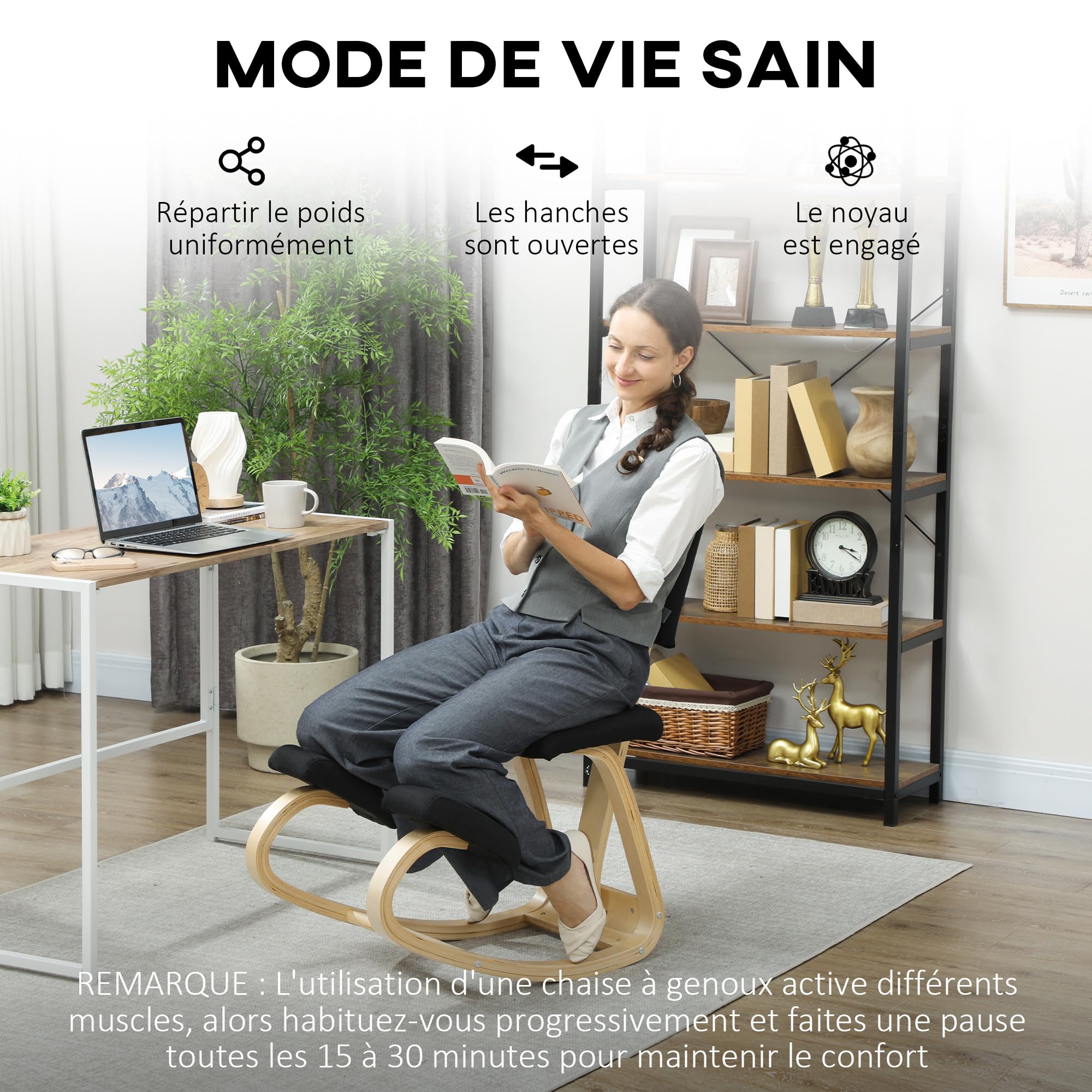 HOMCOM Chaise à Genoux Ergonomique avec Dossier, siège Assis Genoux à Bascule, Tabouret Ergonomique, Tabouret Bureau orthopédique, correcteur de Posture, soulager Les douleurs au Dos, Noir