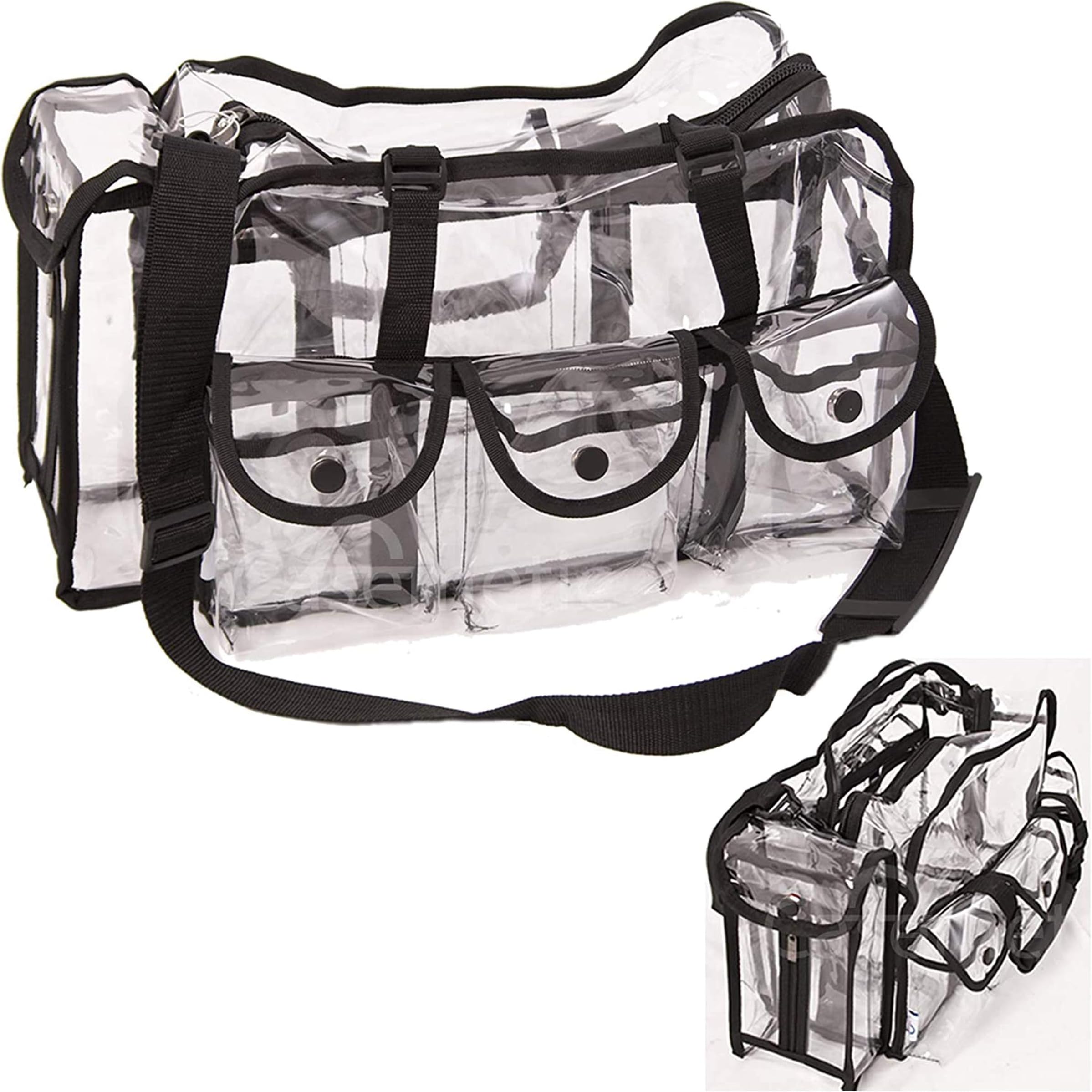 Casemetic Clear Tote Travel Bag with 6 External Pockets and Shoulder Strap for Makeup Artist, Large