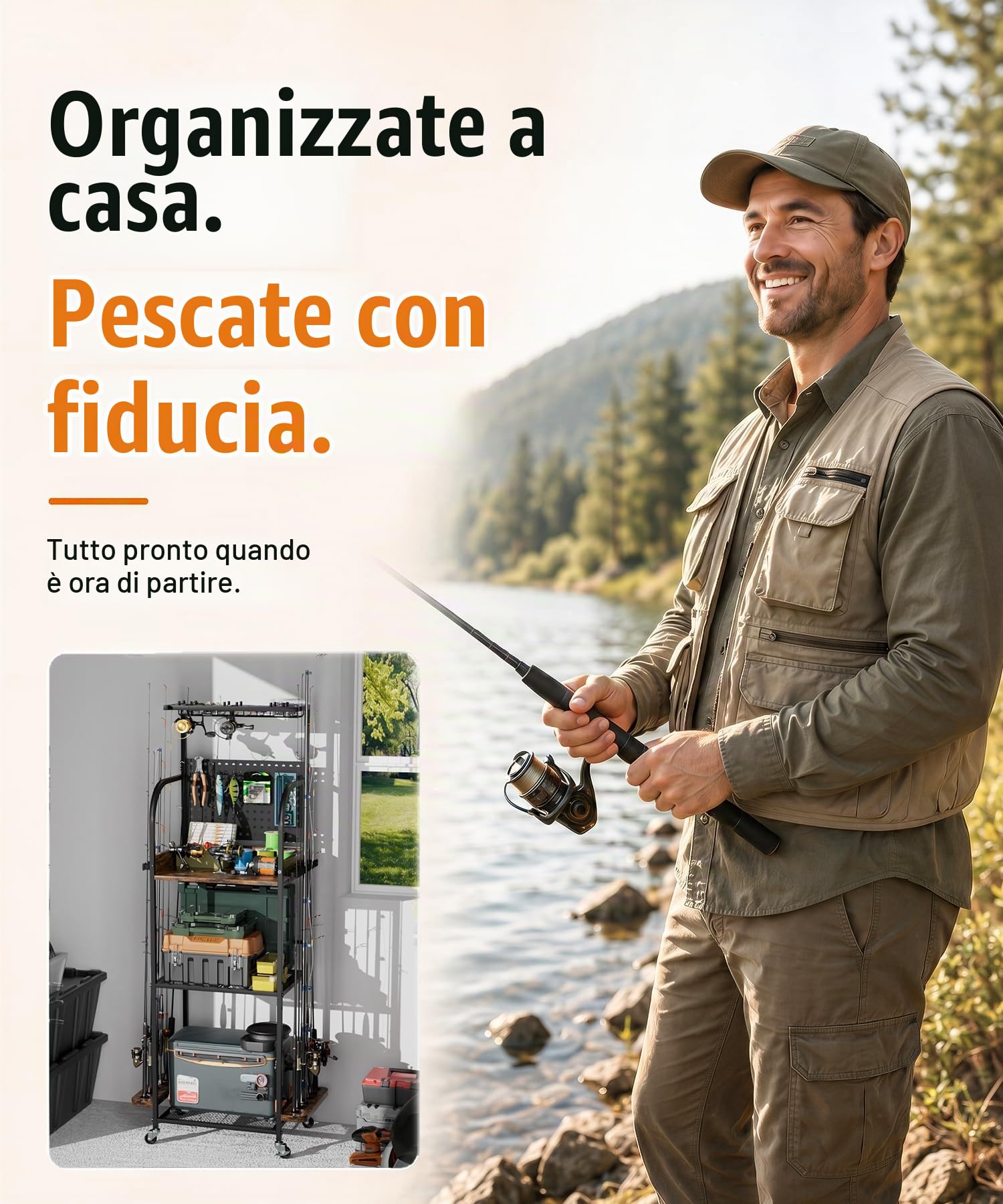 Yorbay Supporto per Canna da Pesca per 12 Canne con Ruote, Carrello Portaoggetti in Ferro con Gancio e Mensola per Riporre Accessori e Attrezzi da Pesca all'Aperto