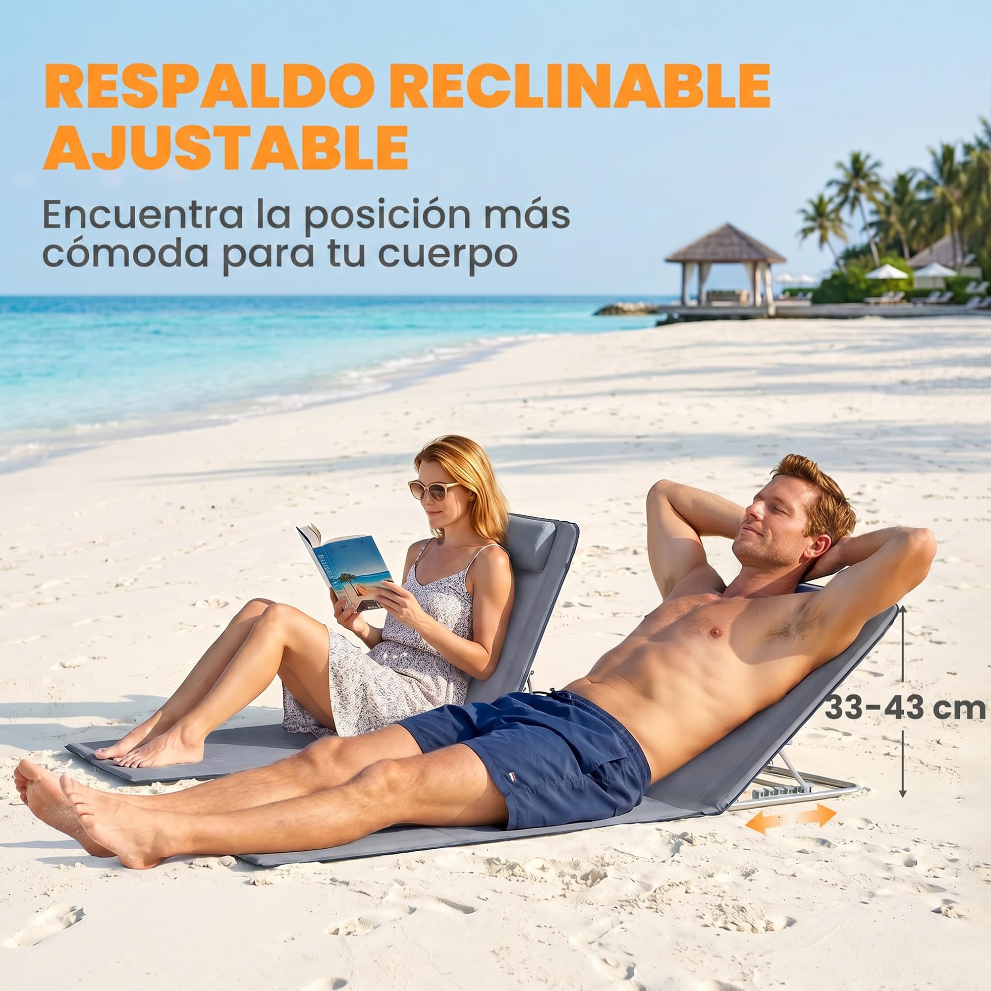 Outsunny Conjunto de 2 Esterillas de Playa Plegables, Esterillas con Respaldo Reclinable en 5 Niveles, Reposacabezas y Bolsa de Transporte, 134x48x33-43 cm, Gris