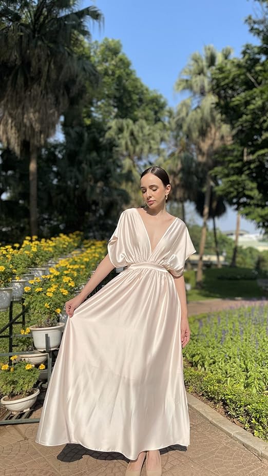 wearVAST Plunge Neck Batwing Sleeve Dress Midi Maxi Side Slit Silk Satin  Dress (SKU088, XL, Blush) : Clothing, Shoes & Jewelry