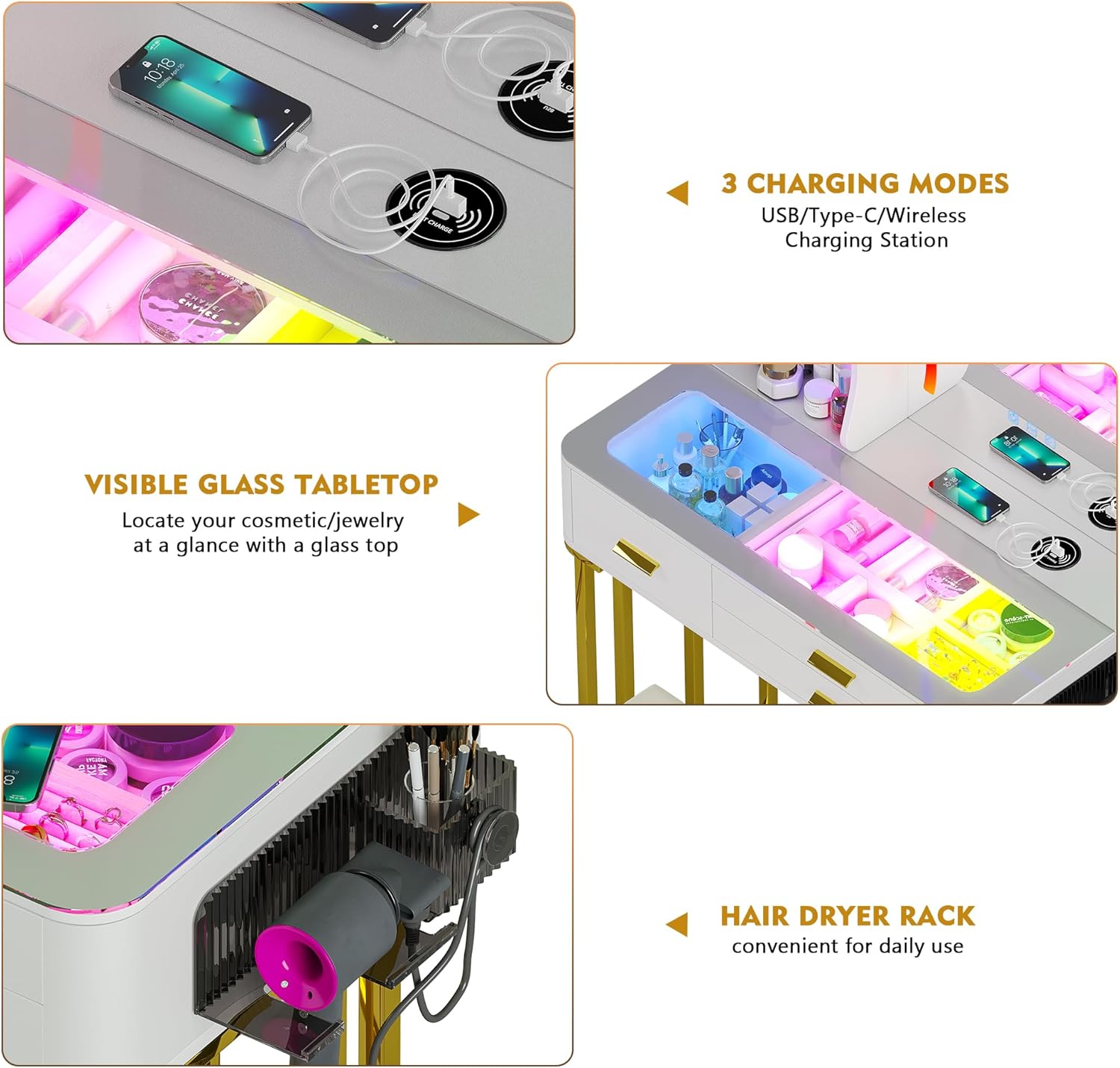 Lvifur RGB Makeup Vanity Desk with Wireless Charging Station,7 Dynamic and 7 Static Dimmable Vanity Table with Visible Glass Top,Auto Sensor Make up Vanity with Mirror and Lights,Stool (White & Gold)