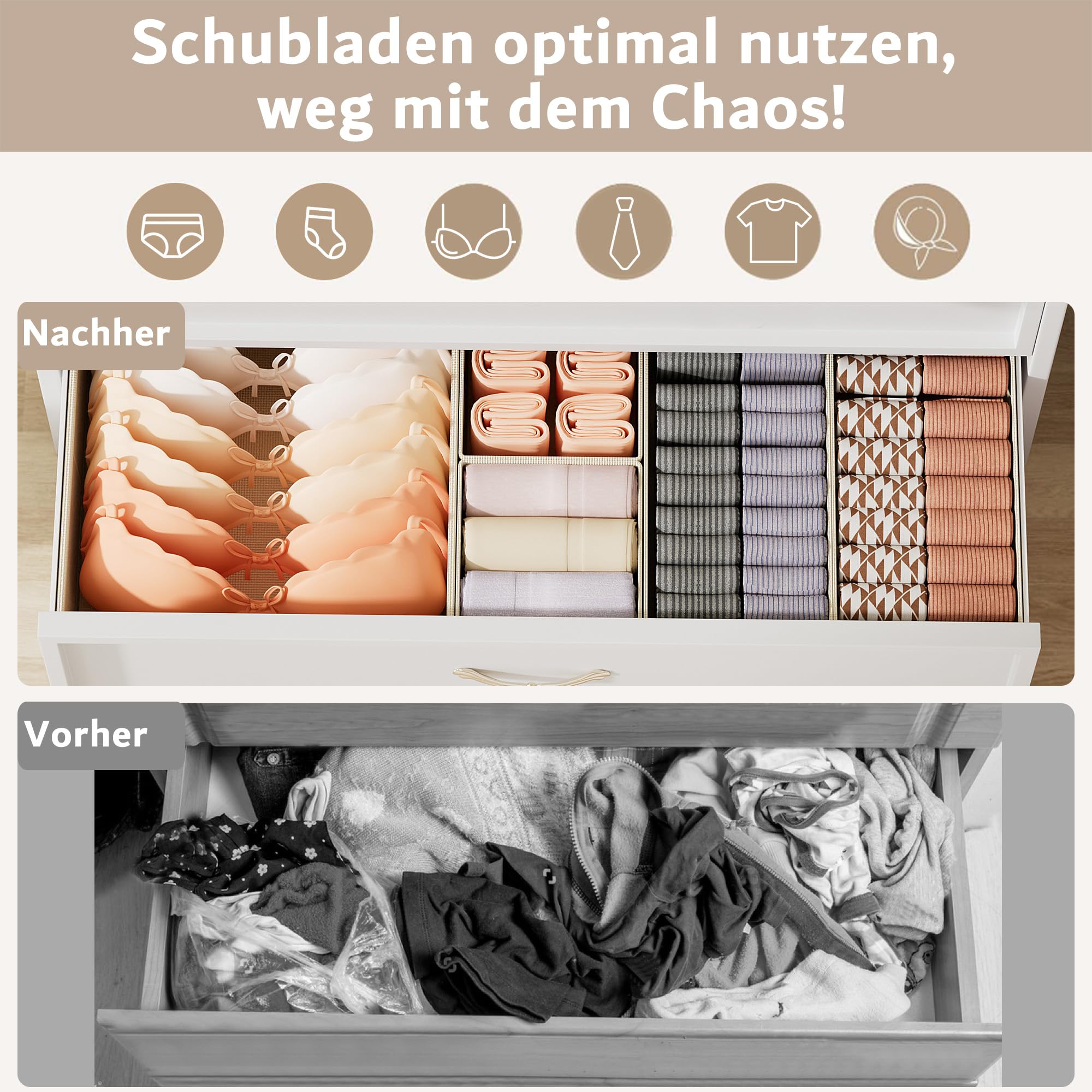 10er Set Schubladen Organizer faltbar, Unterwäsche Organizer,Ordnungssystem Kleiderschrank, Aufbewahrungsbox Schrank, Stoffboxen Aufbewahrung, für BHs Socken Krawatten, Beige