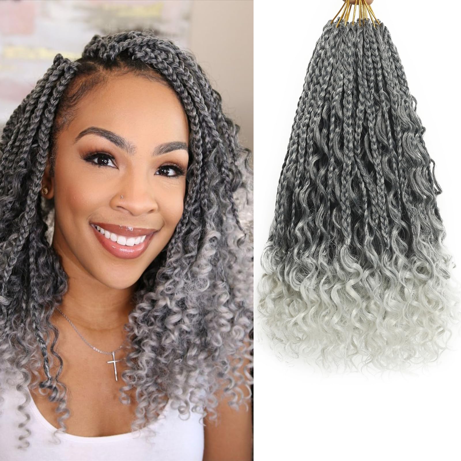 Flagship Goddess Box Braids Crochet Hair for Black Women,10 Inch 9 Packs Goddess Crochet Braids Boho Crochet Box Braids with Curly Ends,Bohomian Pre looped Box Braids Crochet Hair-Tgray
