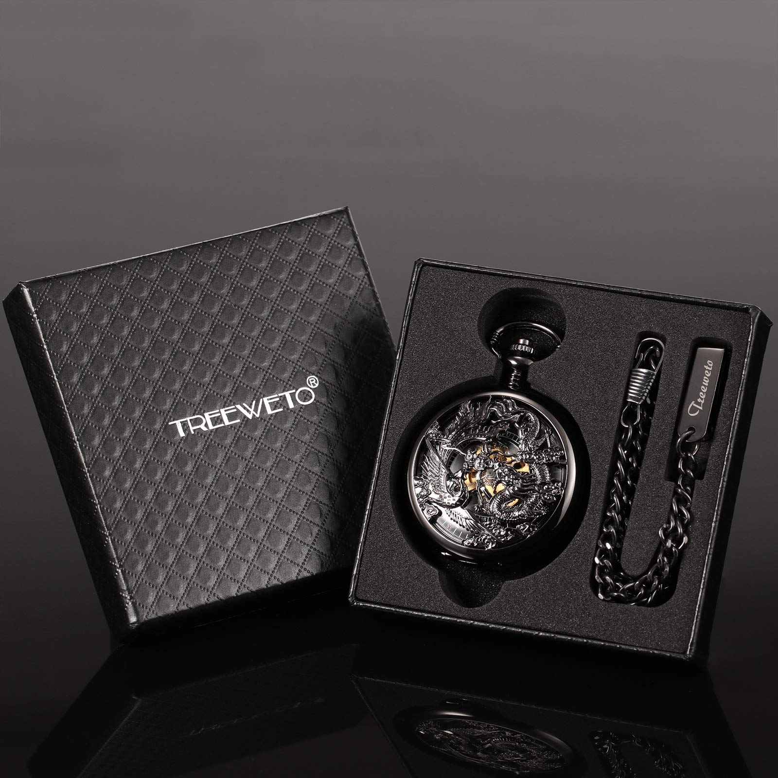 TREEWETO Unisex Antik Taschenuhr Personalisiert Gravur mit Kette analog Handaufzug Drache Phönix Skelett Doppeljäger Römische Schwarz