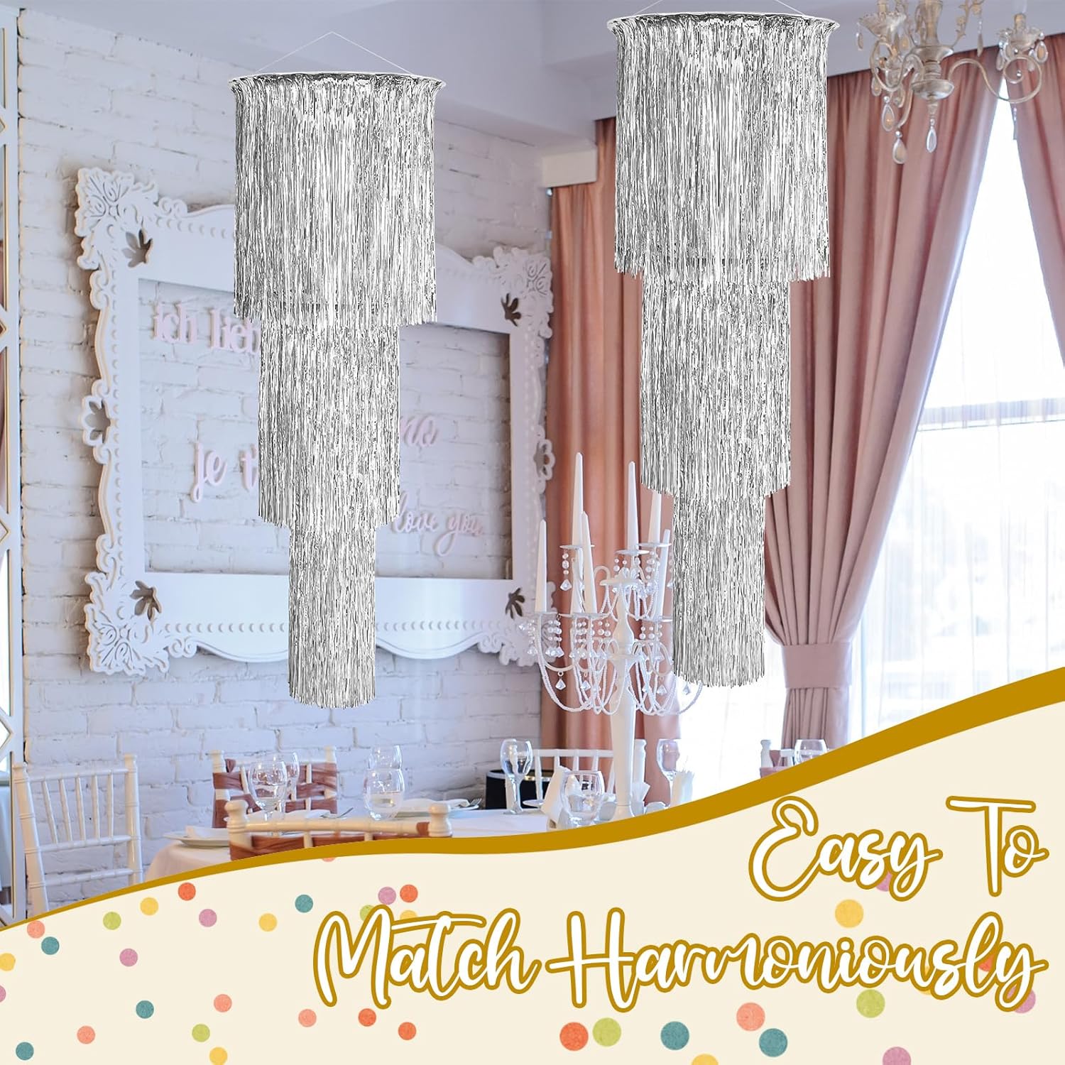 Tatuo 2 Pcs 3 Tier Metallic Tinsel Chandelier Shimmering Fringe Chandelier Decor Hanging Decoration Photo Booth Backdrop for Birthday Anniversary Wedding New Year's Eve Party Supplies, 4 ft (Silver)