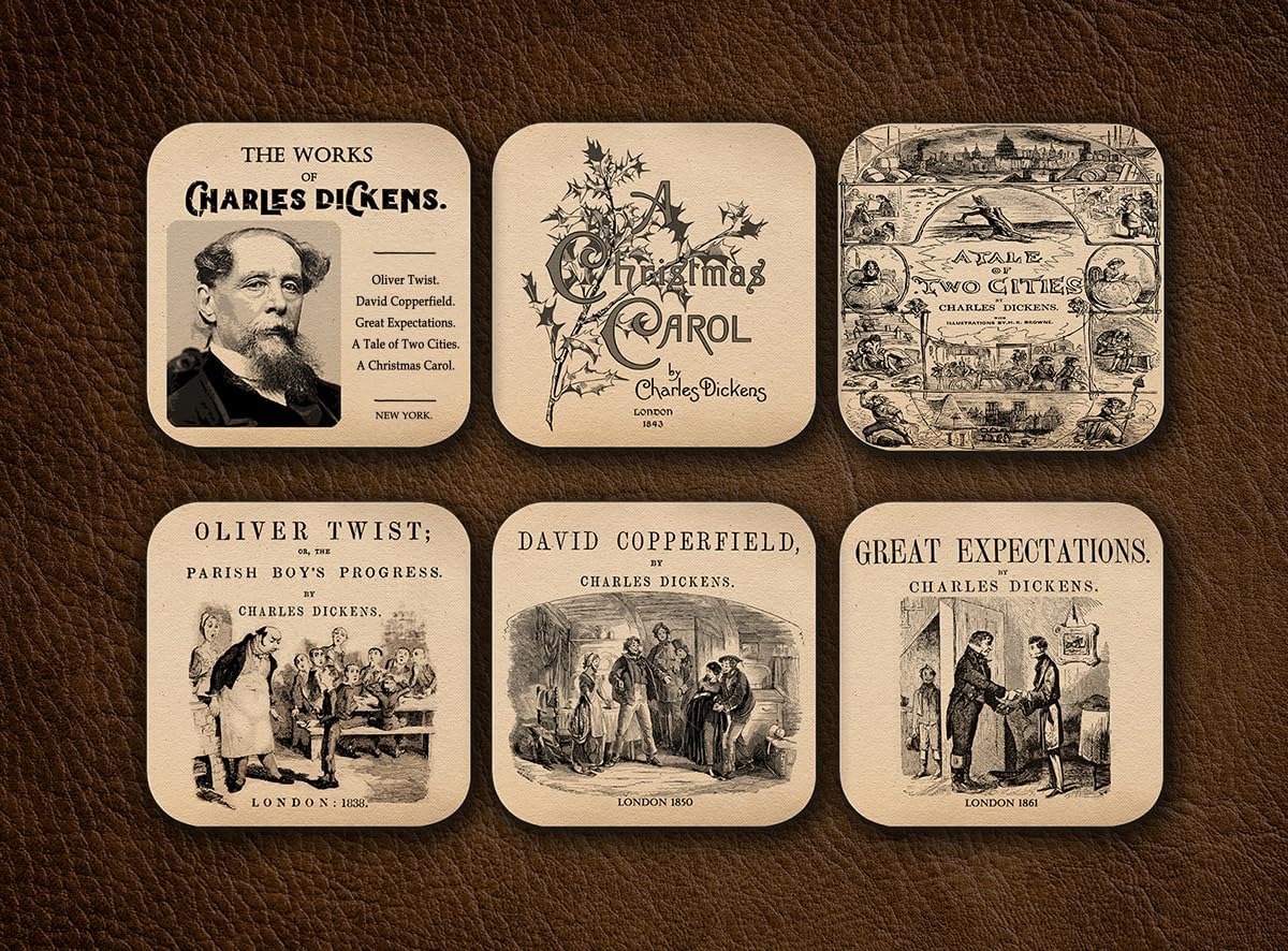 6 Coasters with Novels by Charles Dickens. Oliver Twist, David Copperfield, A Tale of Two Cities, Great Expectations, A Christmas Carol.