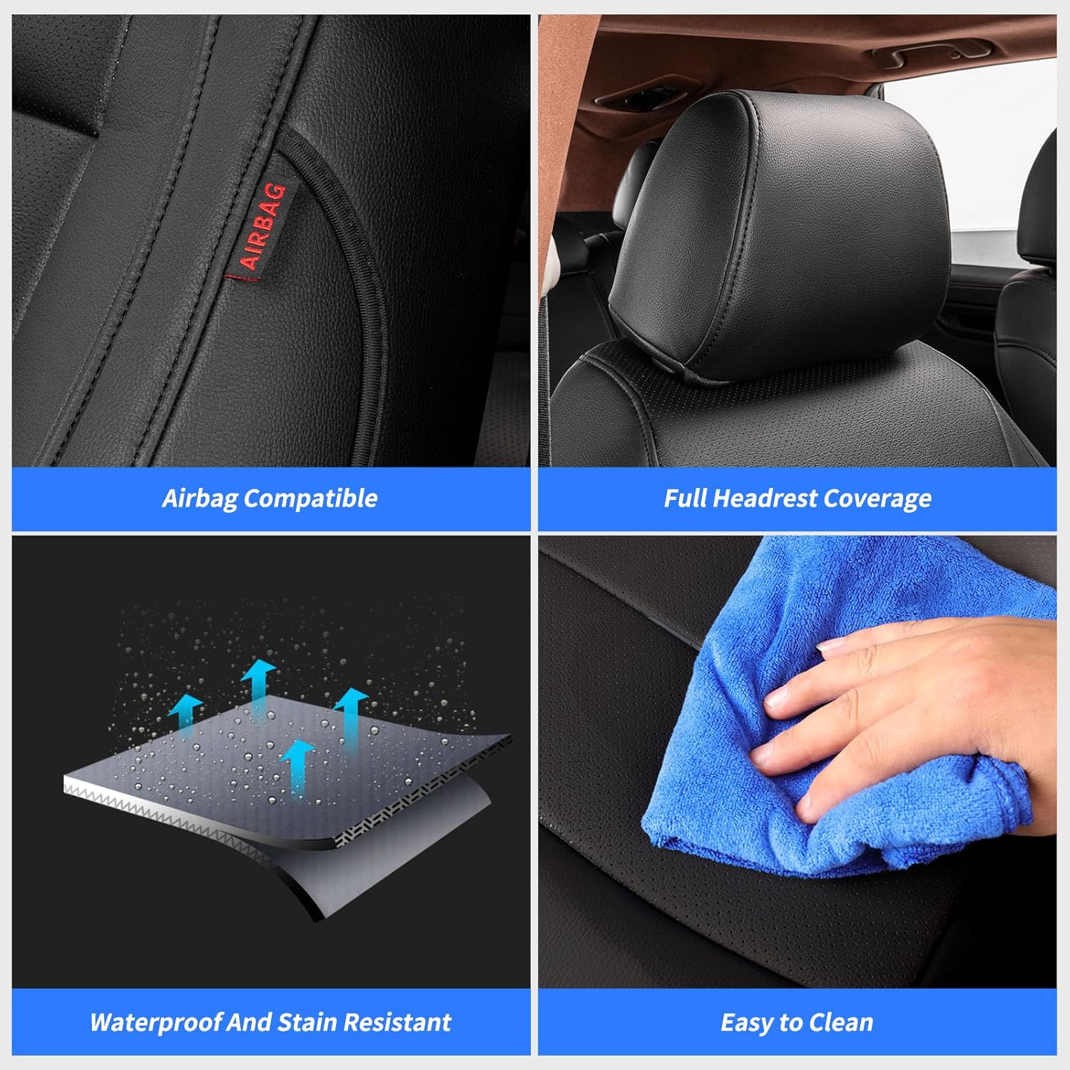 coverdream Malibu Waterproof Leather Seat Covers Custom Fit for 2016-2024 2025 Chevy Malibu RS,LT,LS,Premier,Full Coverage Airbag Compatible Car Seat Protector (Full Set,Black)