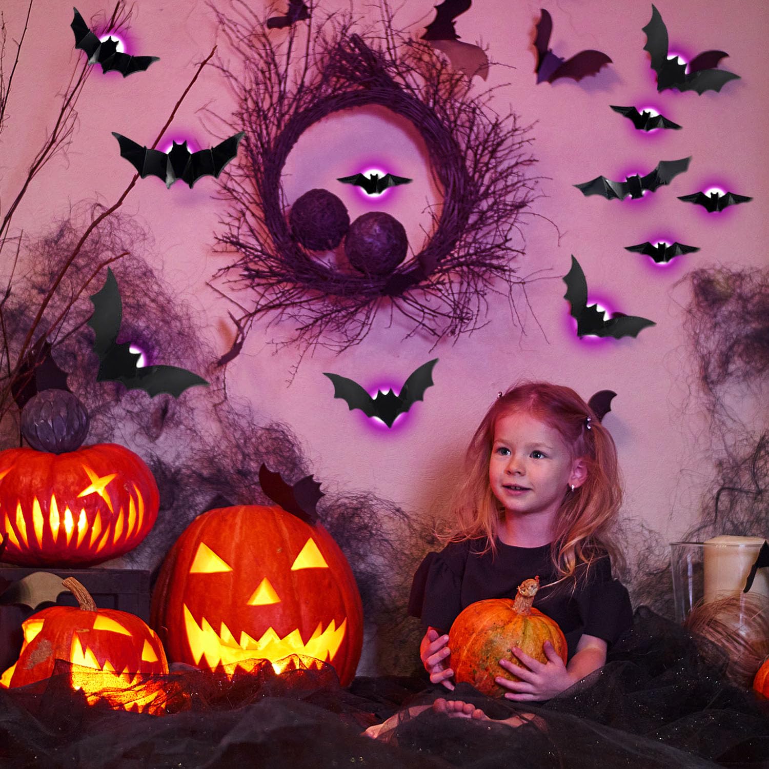 3D Chauve Souris Violet LED Autocollants, 24 Pièces Lumières