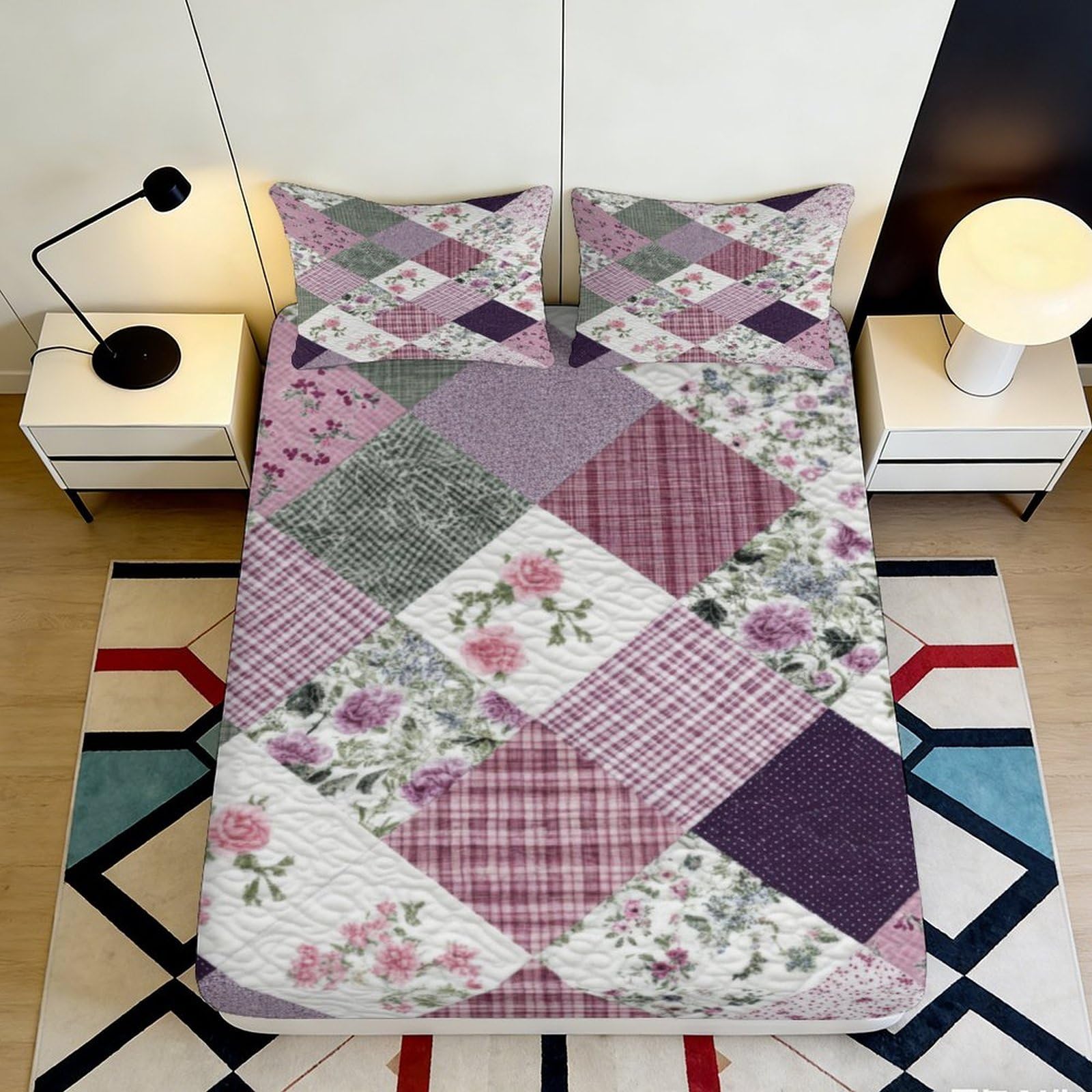 Jqzkxnhpbr Style-3 3D Printed Vintage Floral Patchwork Fitted Sheet Microfiber Soft Pink Plaid Bed Sheet For Bedroom Guest Room Decor 90X200x25cm