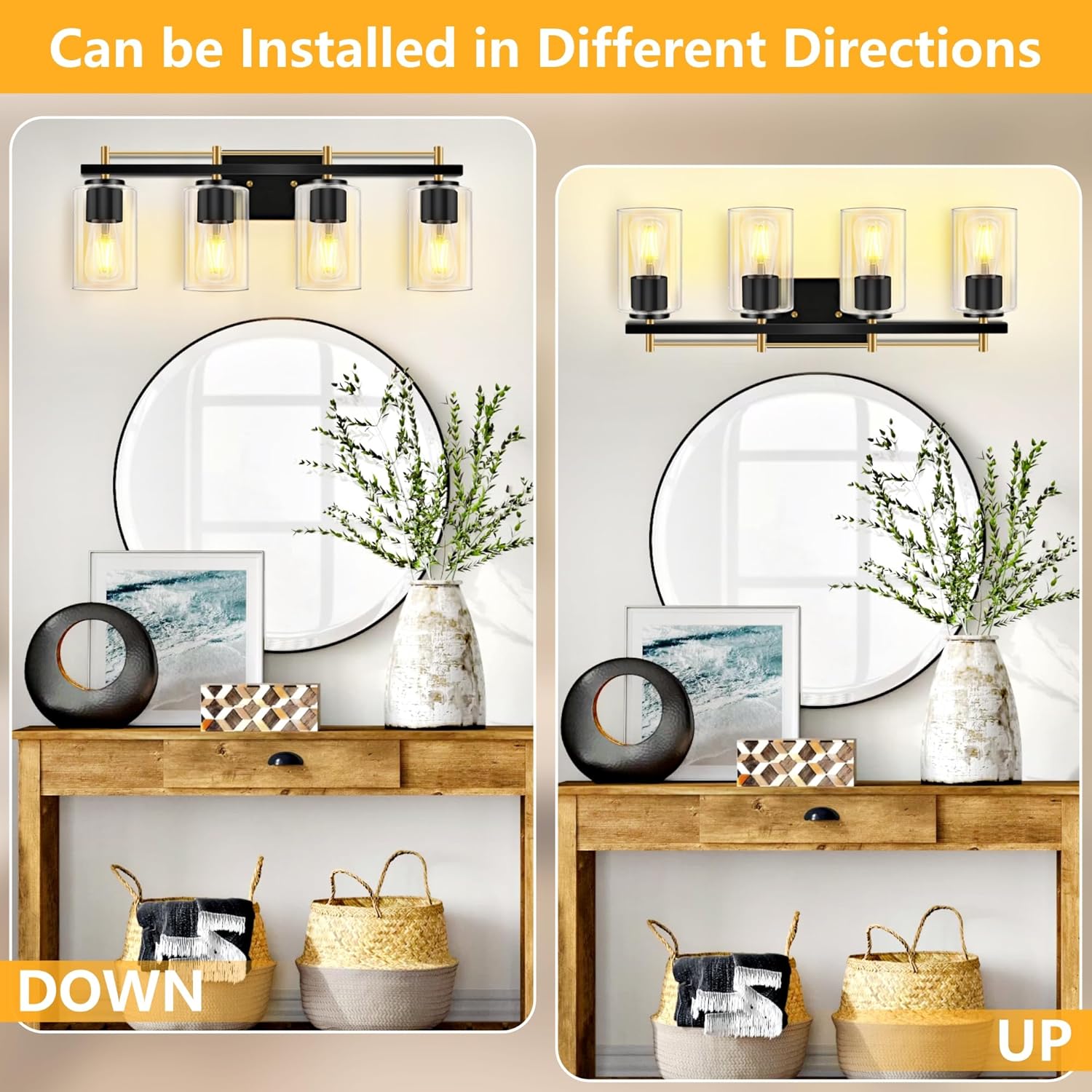 LETRY Bathroom Lighting Fixtures Over Mirror: 4-Light Bathroom Vanity Light with Clear Glass Shade, Wall Lamp for Mirror