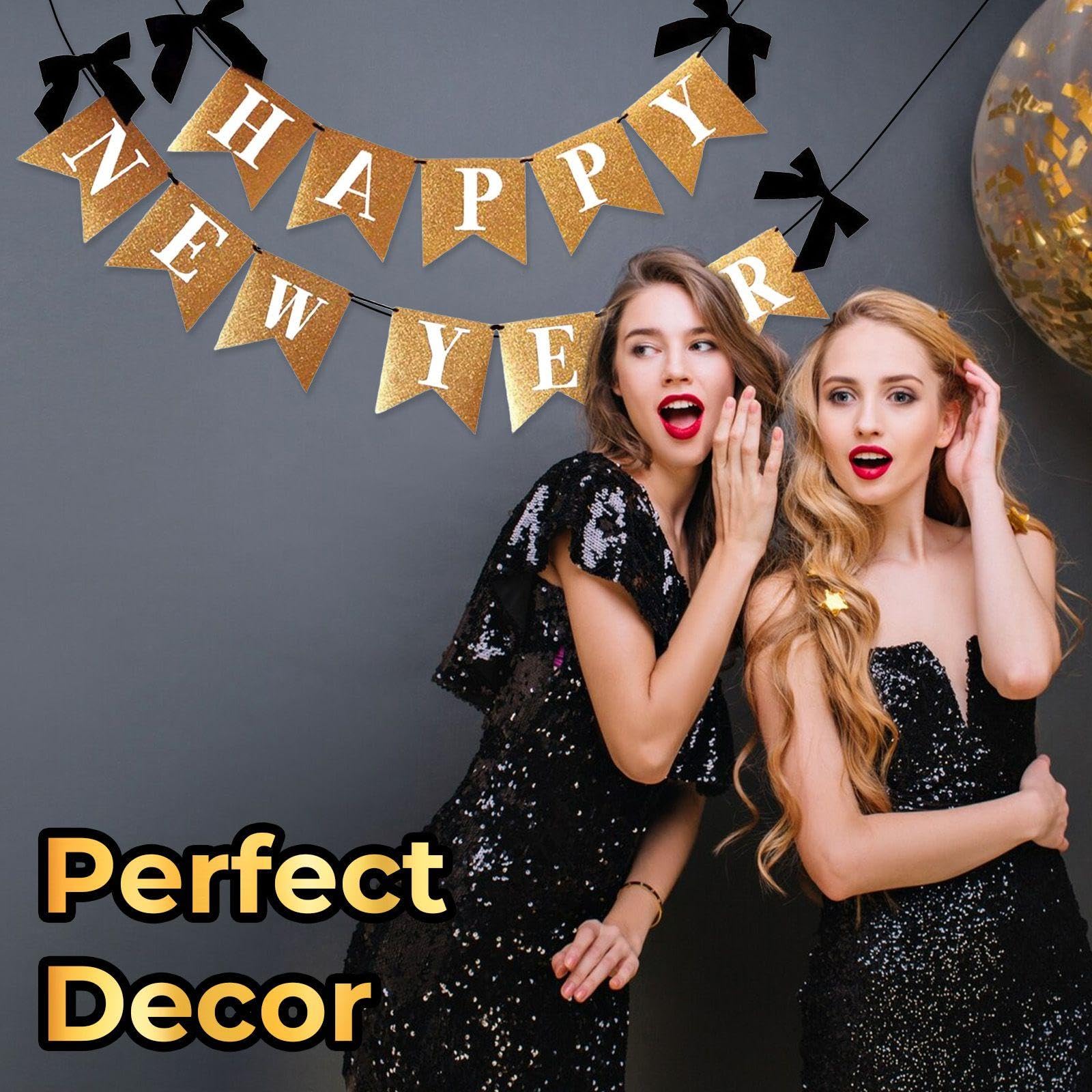 YSDYY 1 Piece Glitter Happy New Year Banner, Bow New Year Party Decoration Banner, Holiday Decorations - Image 4