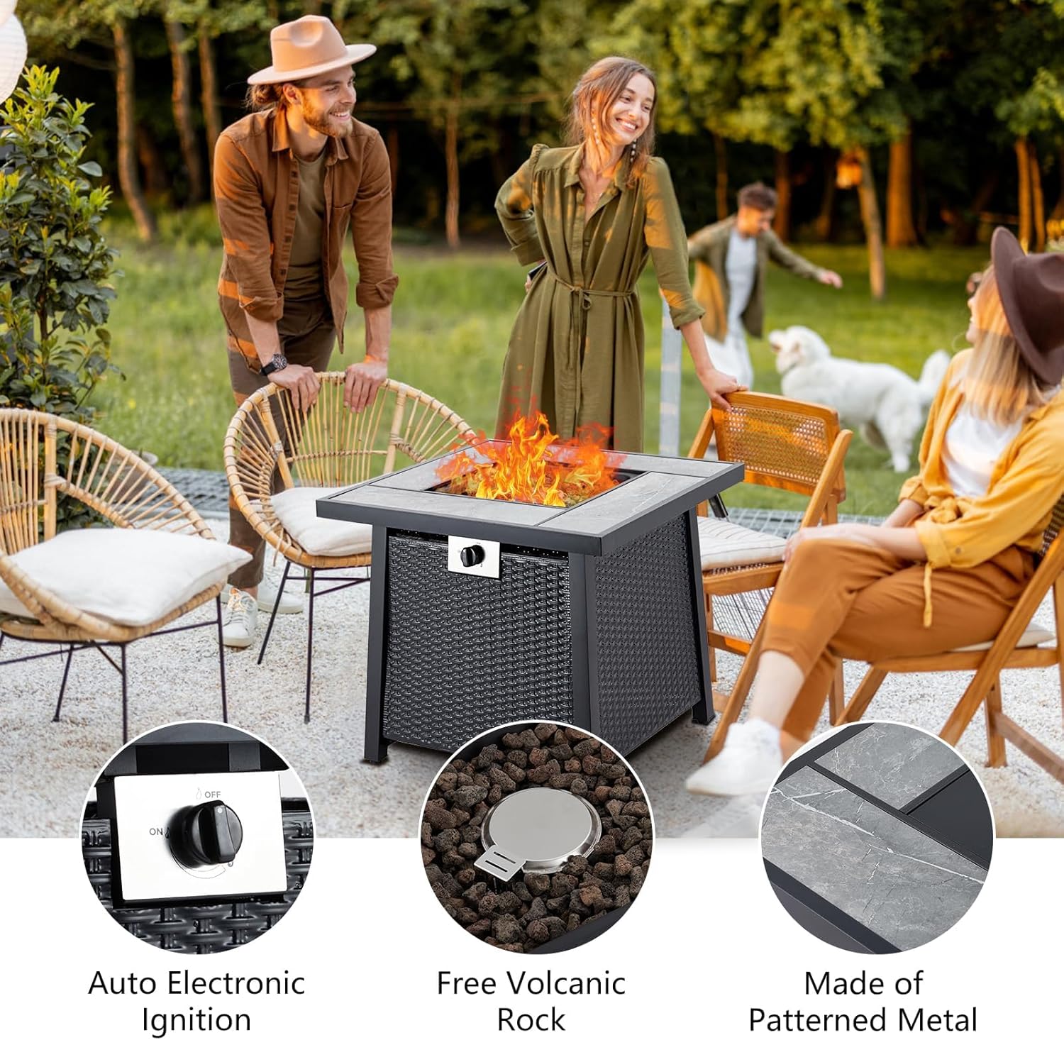 28 Inch Propane Fire Pit Table, 50000BTU Rectangle Fire Table with Cover, Sturdy Steel and Iron Fence Surface, CSA Safety Certified, Companion for Your Garden